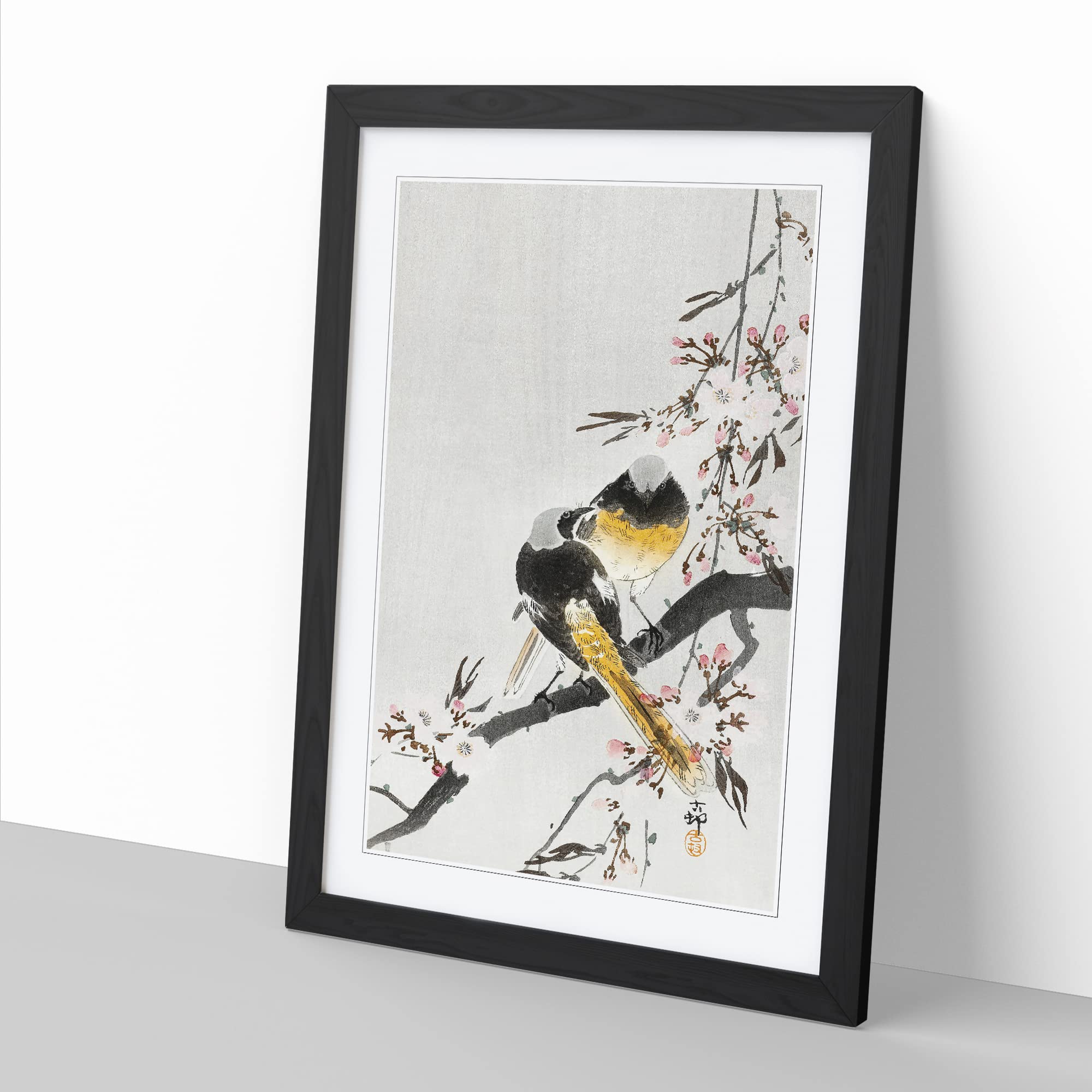 Two Sable Red Tails & Cherry Blossom By Ohara Koson Asian Japanese Framed Wall Art Print - Image 2