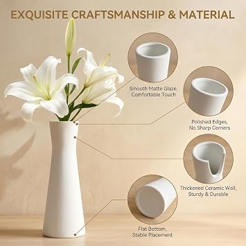18cm White Ceramic Bud Vase Tall Conic Single Stem Flower Vase Small Floral Centerpiece for Wedding Office Home Table Decor