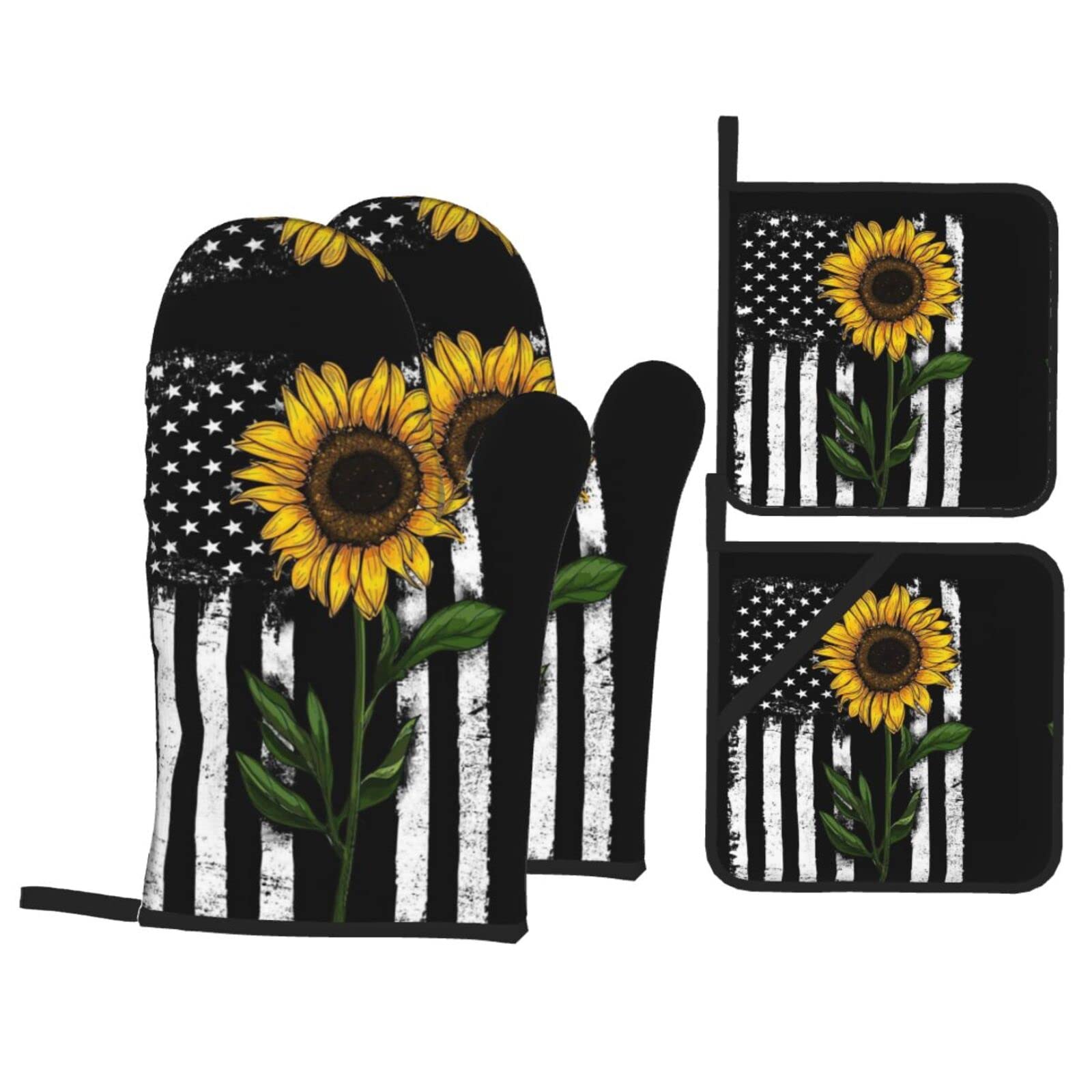 Sunflower and American Flag Oven Mitt and Pot Holder 4-Piece Set for Kitchen, Outdoor Grill, Baking