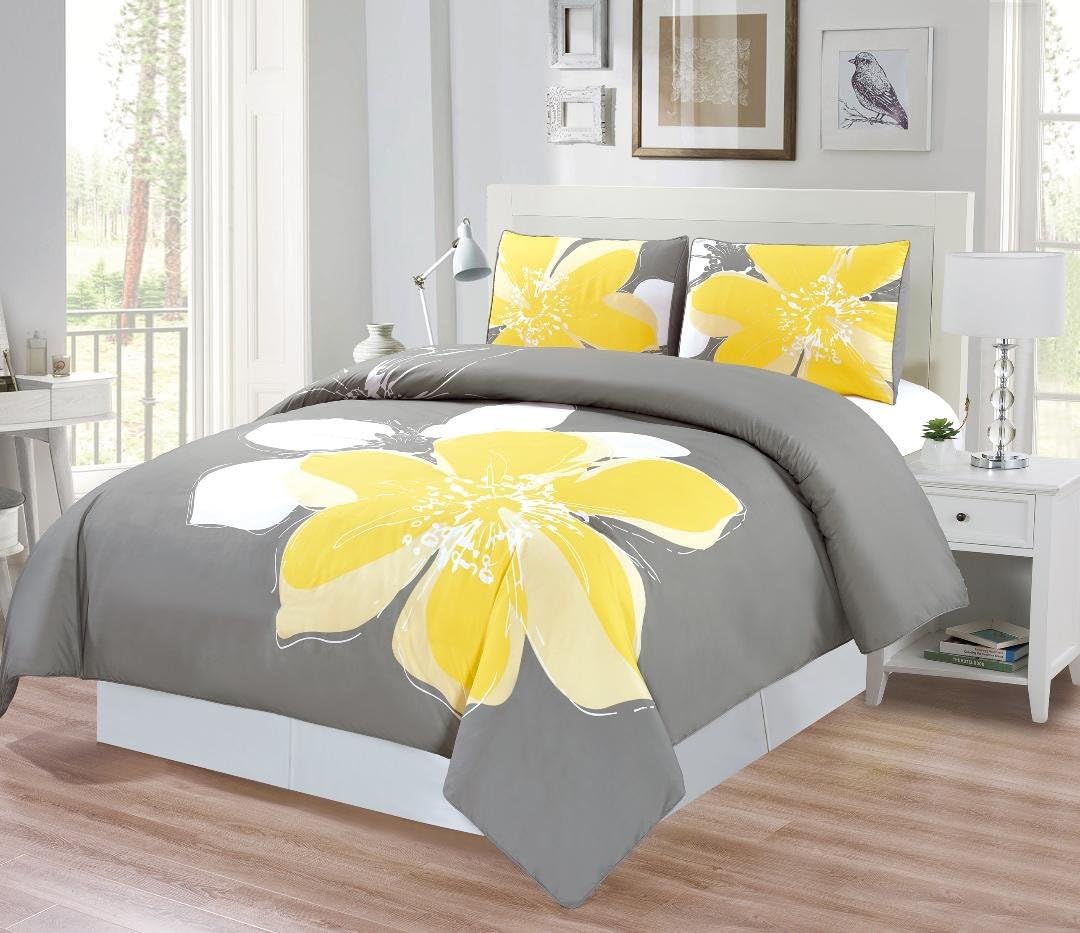 Grand Linen - 3-Piece Fine Printed Duvet Cover Set Queen Size - 1500 Series high Thread Count Brushed Microfiber - Luxury, Soft, Durable (Yellow, Grey, White)