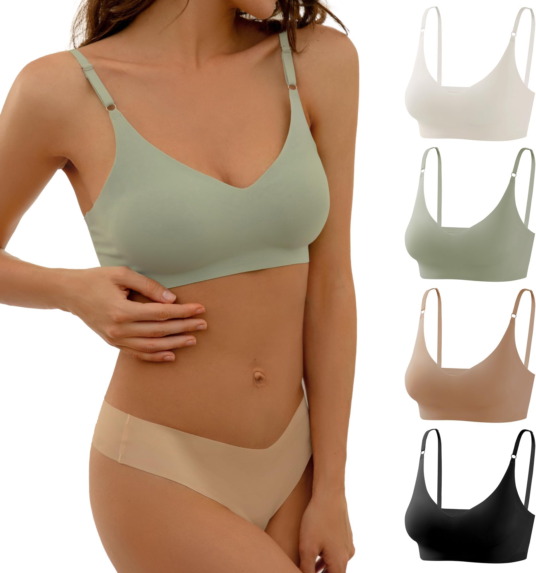DEANGELMON V Neck Bra Padded Seamless Adjustable Straps Bralettes Everyday Basic Sleeping Bras Multiple Pack