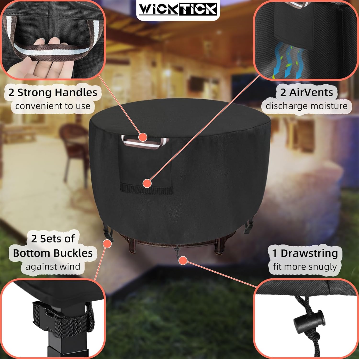 WICKTICK Round Fire Pit Cover 36 x 25 Inch, Waterproof & 600D Heavy Duty Patio Firepit Table Covers, Fits 36, 35, 34, 33, 32, 30 inches Fire Tables / Bowls