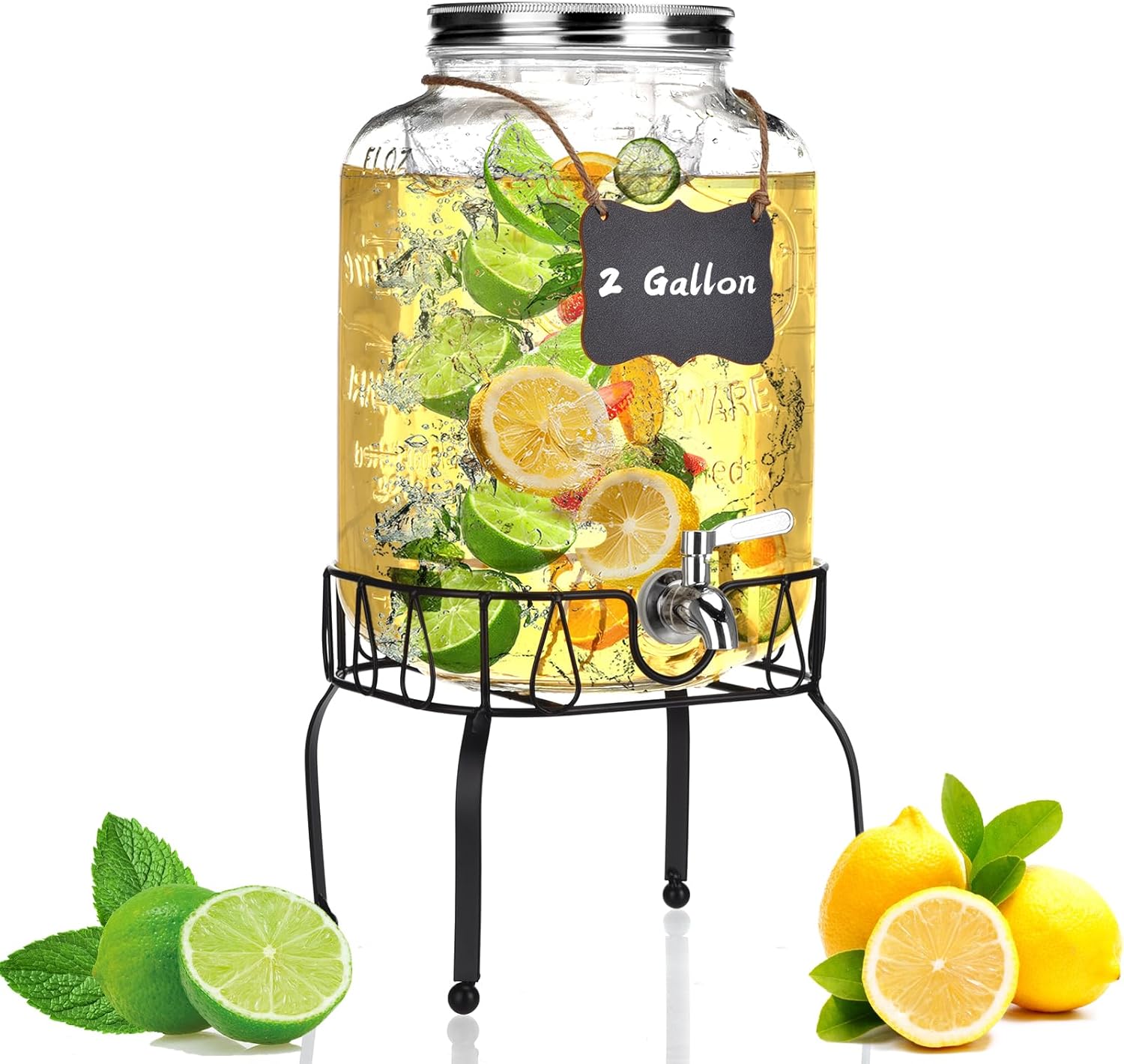 2 gallon glass drink dispenser with stand, drink dispensers for parties, beverage dispenser with leakproof stainless steel spigot, ideal for lemonade, juice, water, laundry detergent dispenser