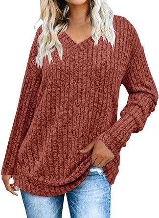 DOLNINE Womens Long Sleeve Sweaters 2025 - Lightweight V-Neck Tunic Tops, Fall Fashion Casual Shirts Caramel