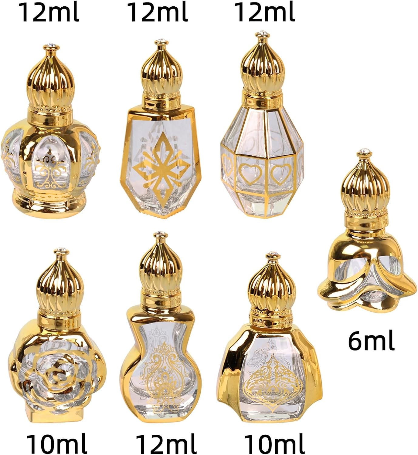 Joyeee 7 Pack Essential Oil Bottles, Assorted Sizes (12ml x4, 10ml x2, 6ml x1) Refillable Sample Vials Roll On Travel Container Electroplated Gold UV Glass Empty Roller Bottles for Fancy Perfumes