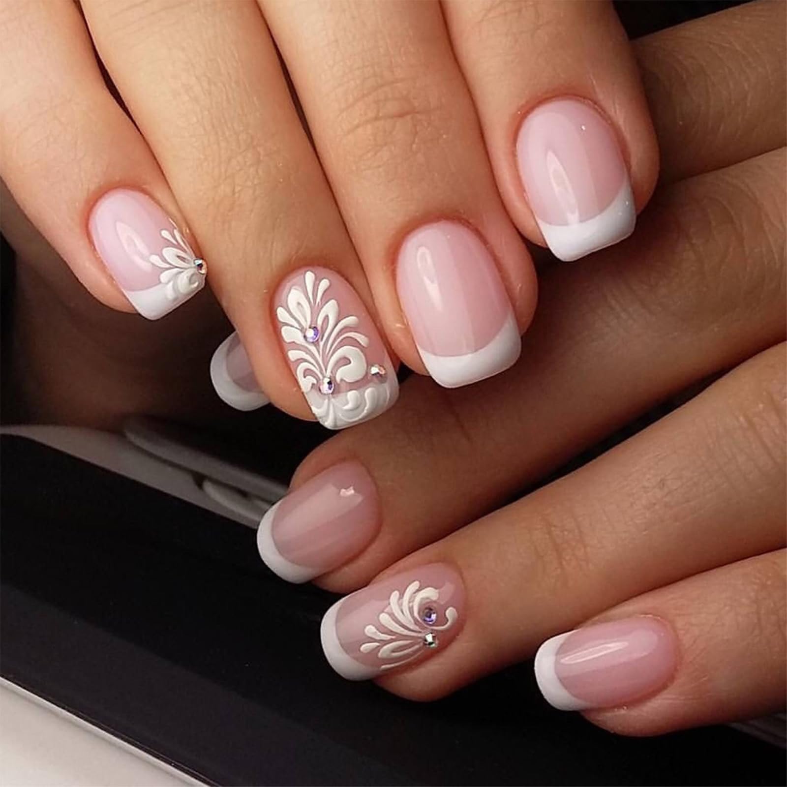Short Square Press on Nails French Tip Fake Nails White Relief Flower Acrylic Nails Nude Pink Glossy Glue on Nails Full Cover Nail Tips False Nails