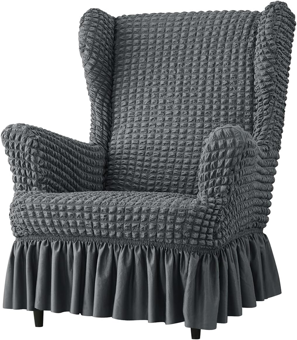 Seersucker Stretch Wingback Chair Slipcover with Skirt, Wing Chair Covers with Elastic Bottom, Non Slip Armchair Slipcover Sofa Cover Washable Furniture Protector,Grey2,1 Pcs