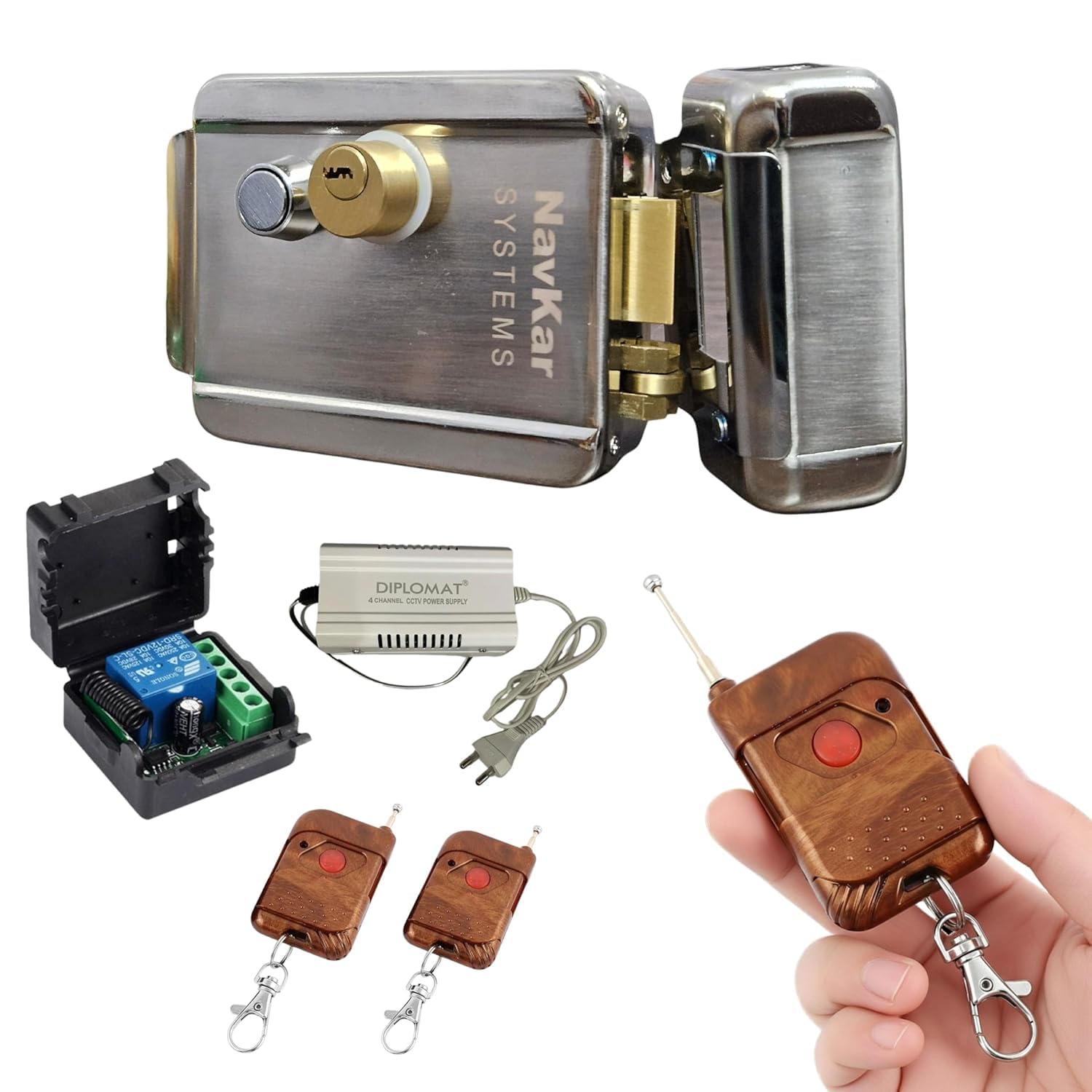 NAVKAR SYSTEMS CN59 Electronic Door Lock for House Main Metal Gate with Remote Remote Receiver with 3 Remotes & 12v Power Supply, Plug n Play, DIY