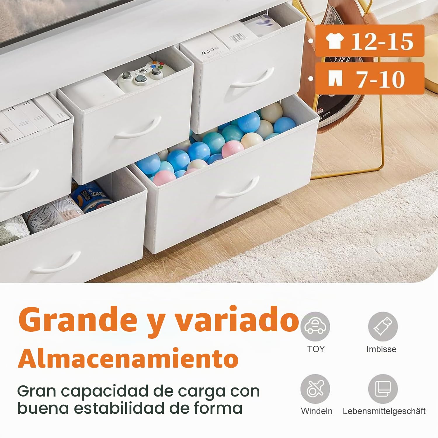 DUMOS Cómoda con cajones, cómoda y aparador para Dormitorio, Armario de 5 cajones, cómoda de Tela con Marco de Acero, Armario pequeño, Ideal para Pasillo, salón (Blanco)