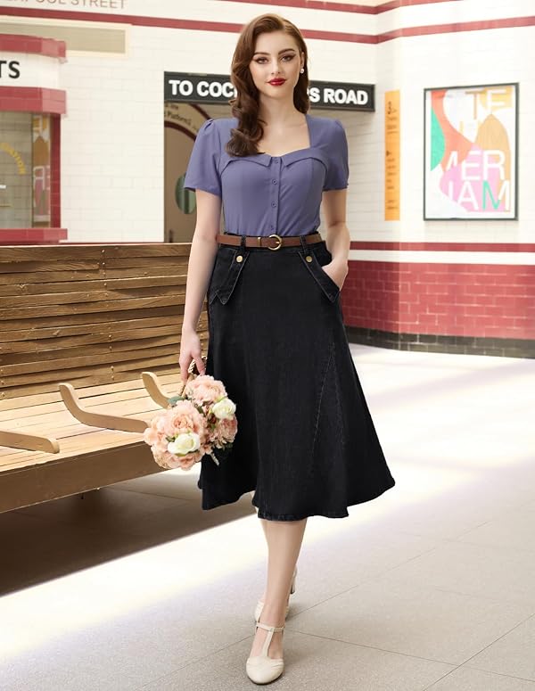 Belle Poque Women's Black Knee Length Denim Skirts Vintage Elastic High Waist Midi Jean Skirts with Pockets S by Belle Poque - Image 2