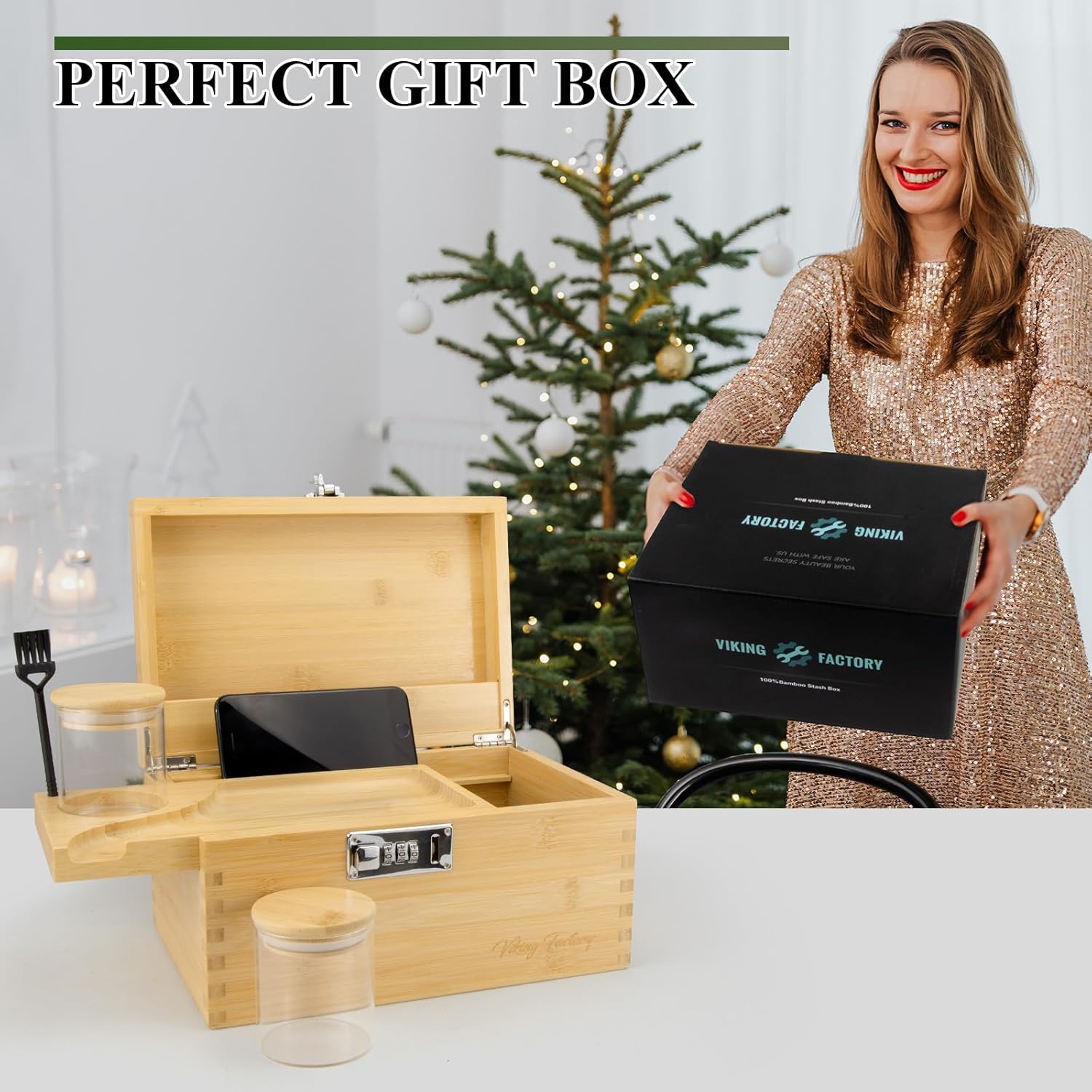 Large Bamboo Storage Box with Combination Lock - Decorative Keepsake Box with Removable Tray & Spice Crusher - Discreet Wood Organizer (10.6 x 7.1 x 5.5 in)(Natural)