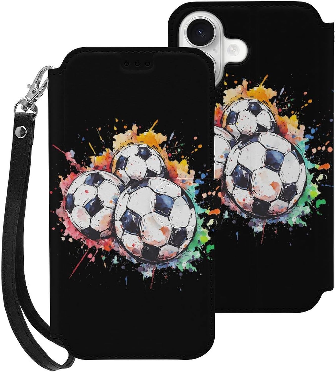 Three Soccer Balls Footballs Compatible with iPhone 16/16 Plus/16 Pro/16 Pro Max/16 E Case Phone Wallet Card Holder Flip Cover with Wrist Strap