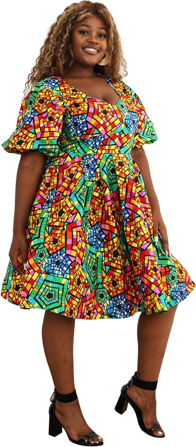 Women African Floral Print V Neck Dresses Ankara Lantern Sleeves Short Dress - Image 3