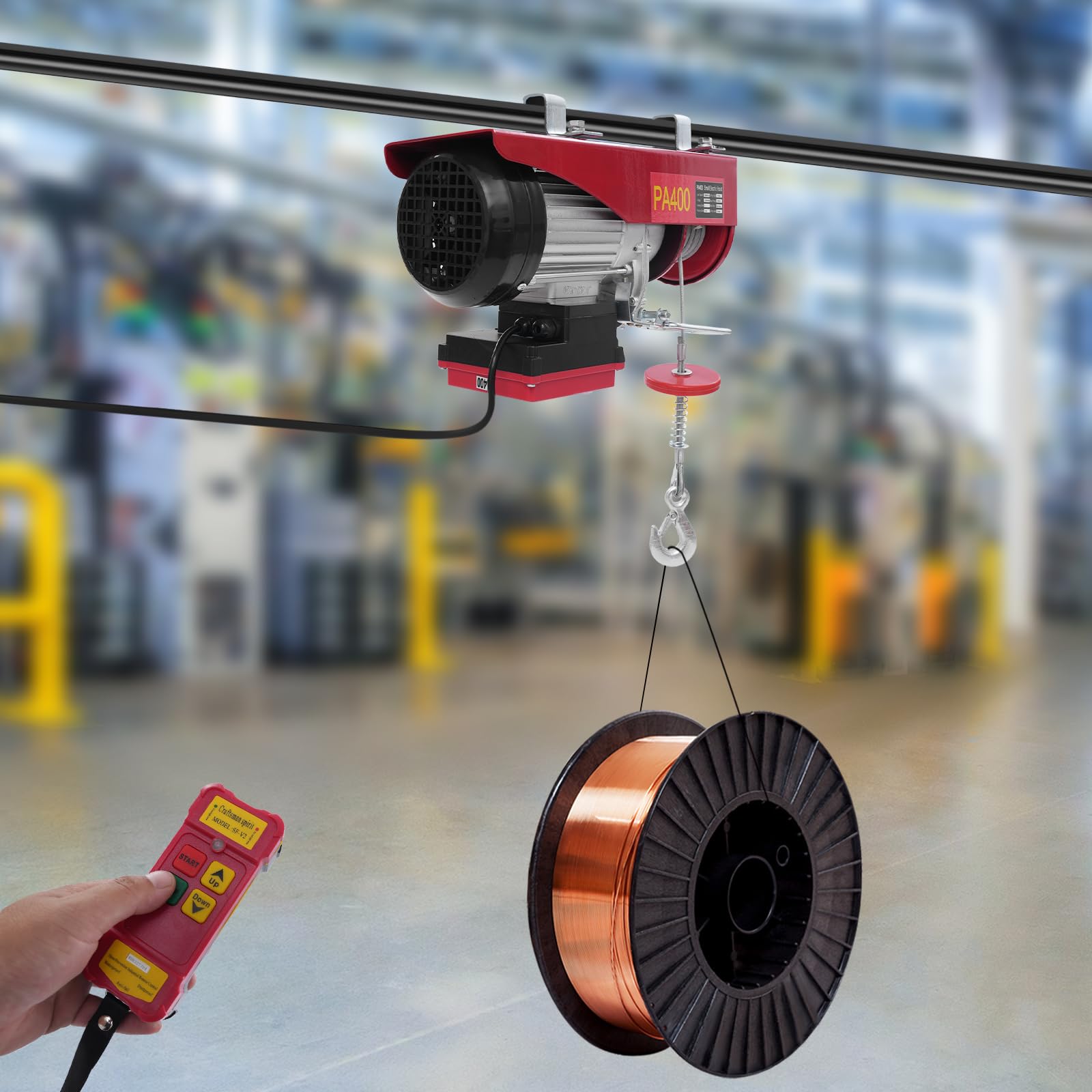 Elektrisch Seilwinde, 12m Hubhöhe, 850W Seilzug Motorwinde mit Fernbedienung, Einzelseil bis 200kg & Doppelseil bis 400kg, Elektrohebezeug für Fabriken Docks Lagerhäuser Baustellen