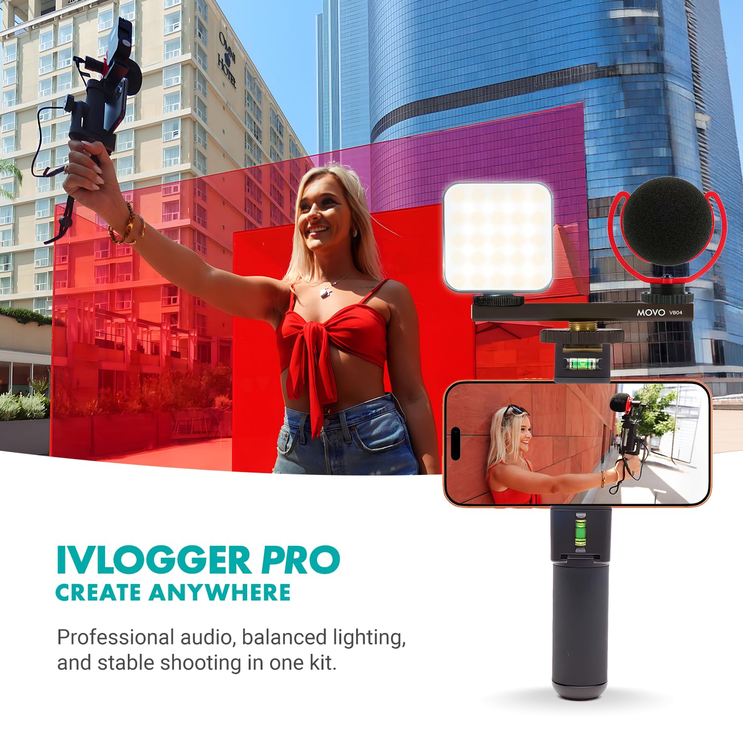 Movo iVlogger-PRO - Kit per vlogging con treppiede completo per iPhone/Android, YouTube Starter Kit per creatori di contenuti, Accessori: treppiede per telefono, supporto per telefono, luce RGB e
