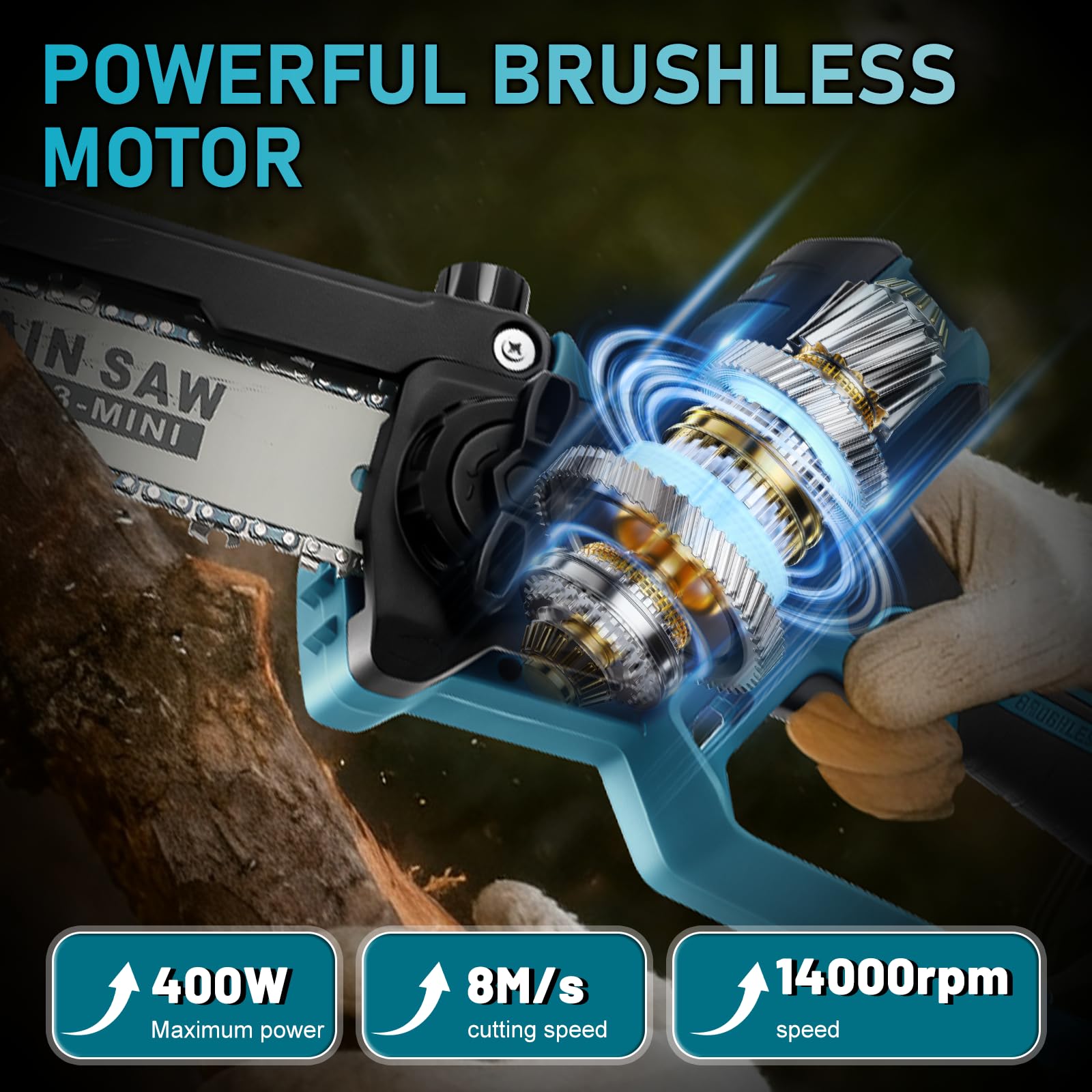 Motosierra Inalámbrica 8 y 6 Pulgadas para Makita 18V (sin Batería) | Mini Motosierra sin Escobillas, Lubricación Automática de Cadena, 2 Placas, 4 Cadenas, Guantes, Gafas y Maletín