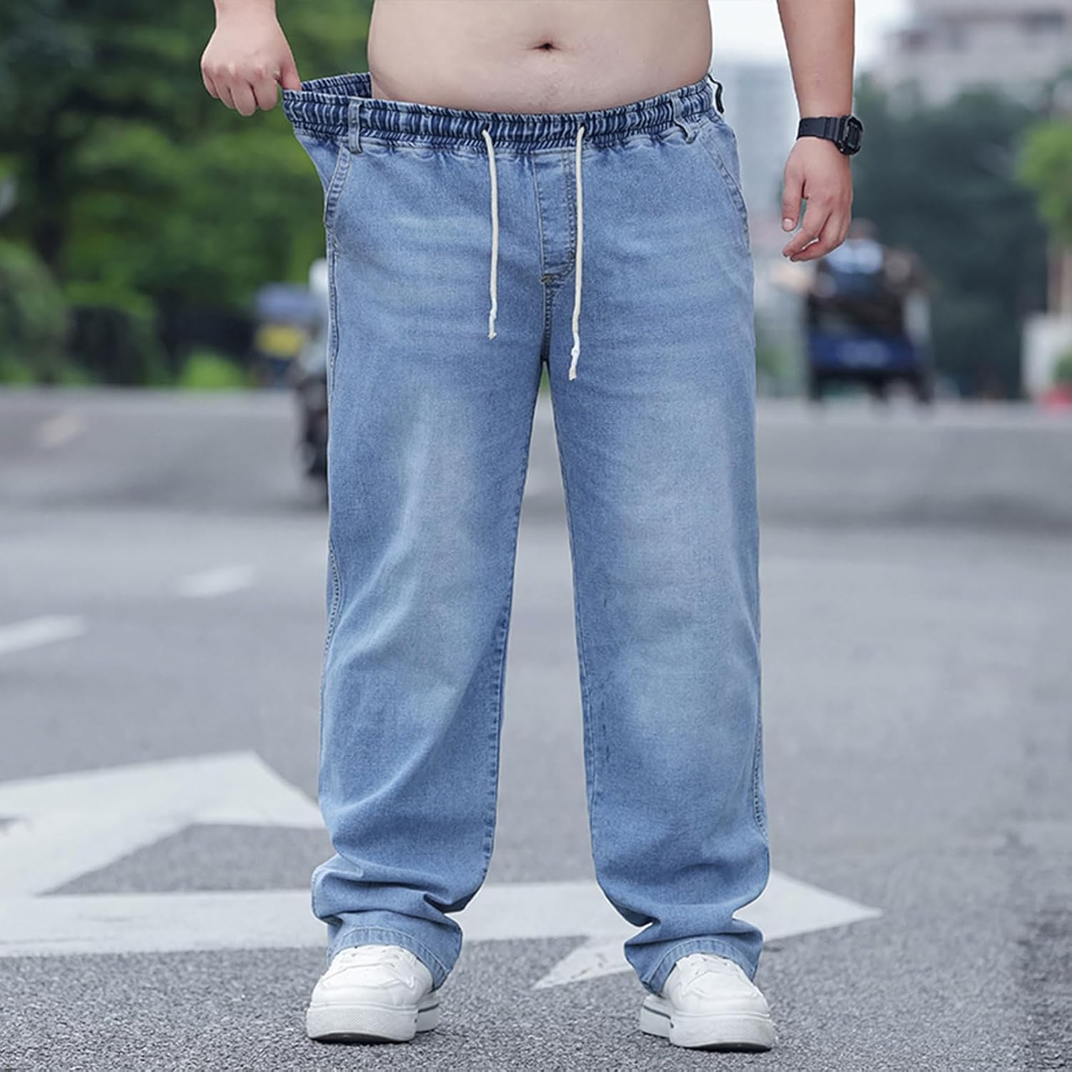 Plus Size Baggy Jeans for Men Elastic Waist Pull On Denim Pants Drawstring Straight Loose Jean Sweatpants L-5XL - Image 5