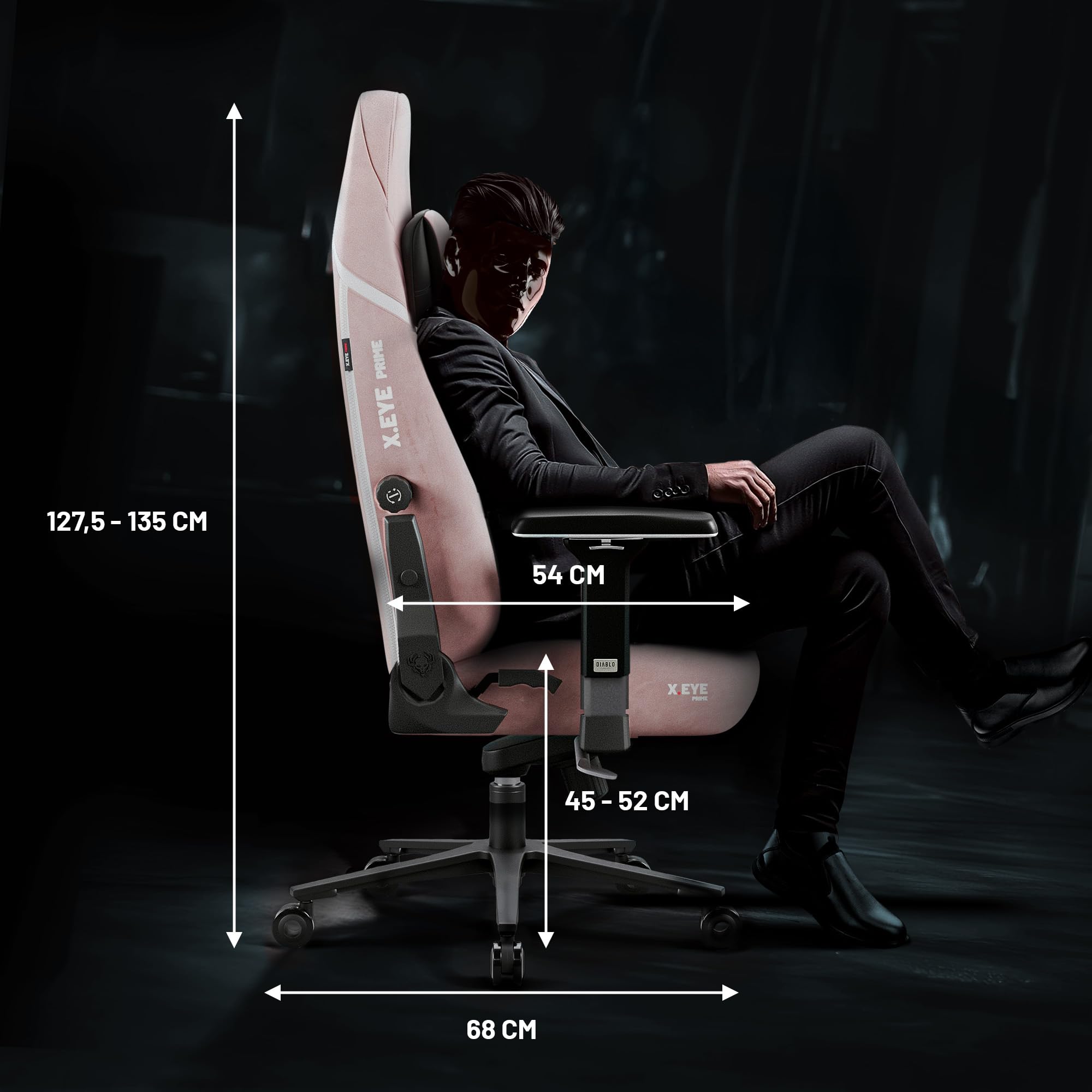 Diablo X-Eye Prime Fotel Gamingowy Ergonomiczny z Chłodzącym Siedziskiem, Magnetycznym Zagłówkiem Memory, Podparciem Lędźwi ProSpine i Podłokietnikami 4D - 140 kg - Akira Pink