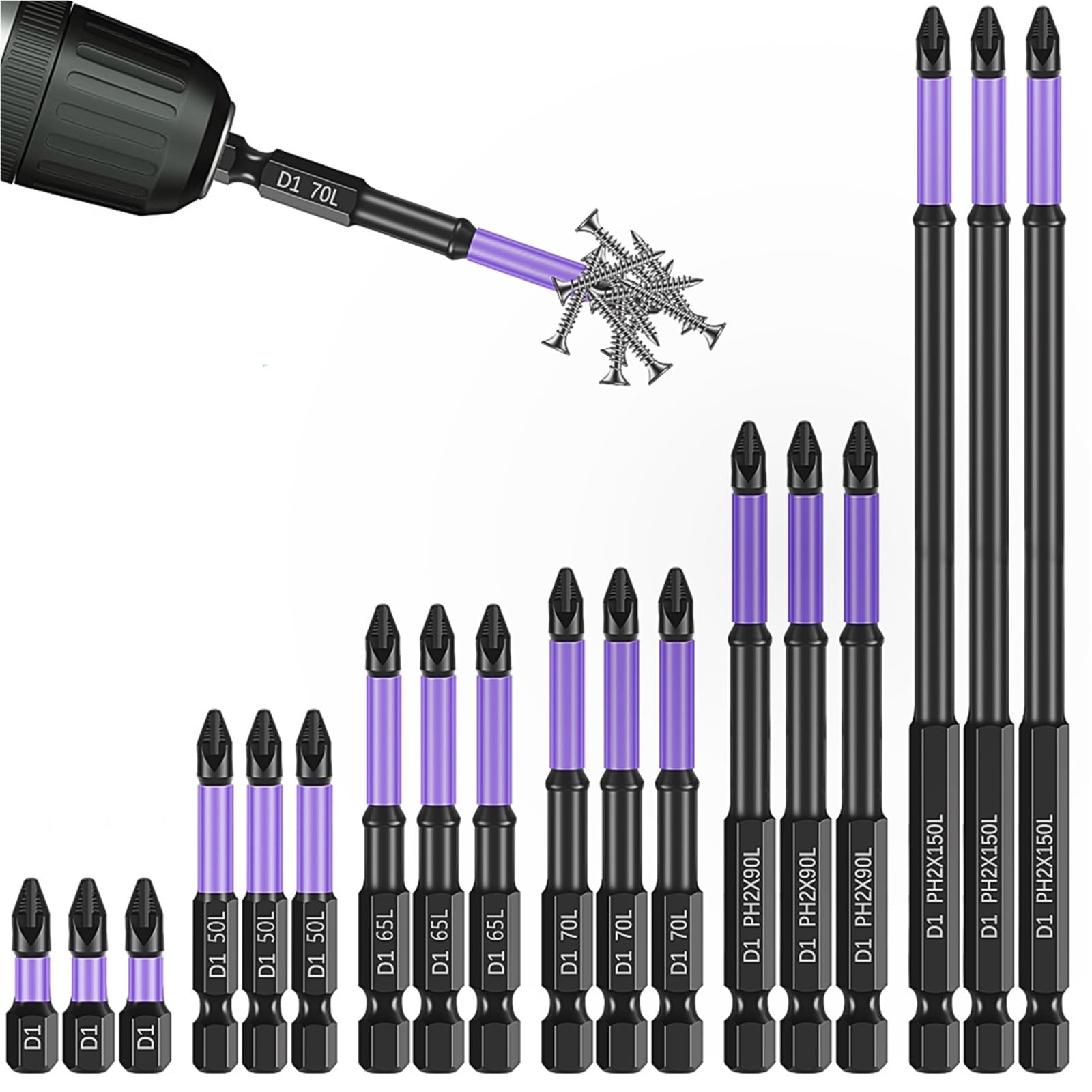 Cacciavite Punte for cacciavite magnetiche a percussione Phillips antiurto antiscivolo in acciaio legato con codolo esagonale adatte for utensili elettrici(18pcs)
