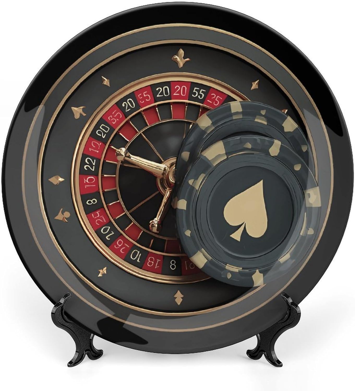 Roulette Wheel Casino Chip Novelty Decorative Plate with Display Stand Ceramic Ornament Hanging Wall Decor