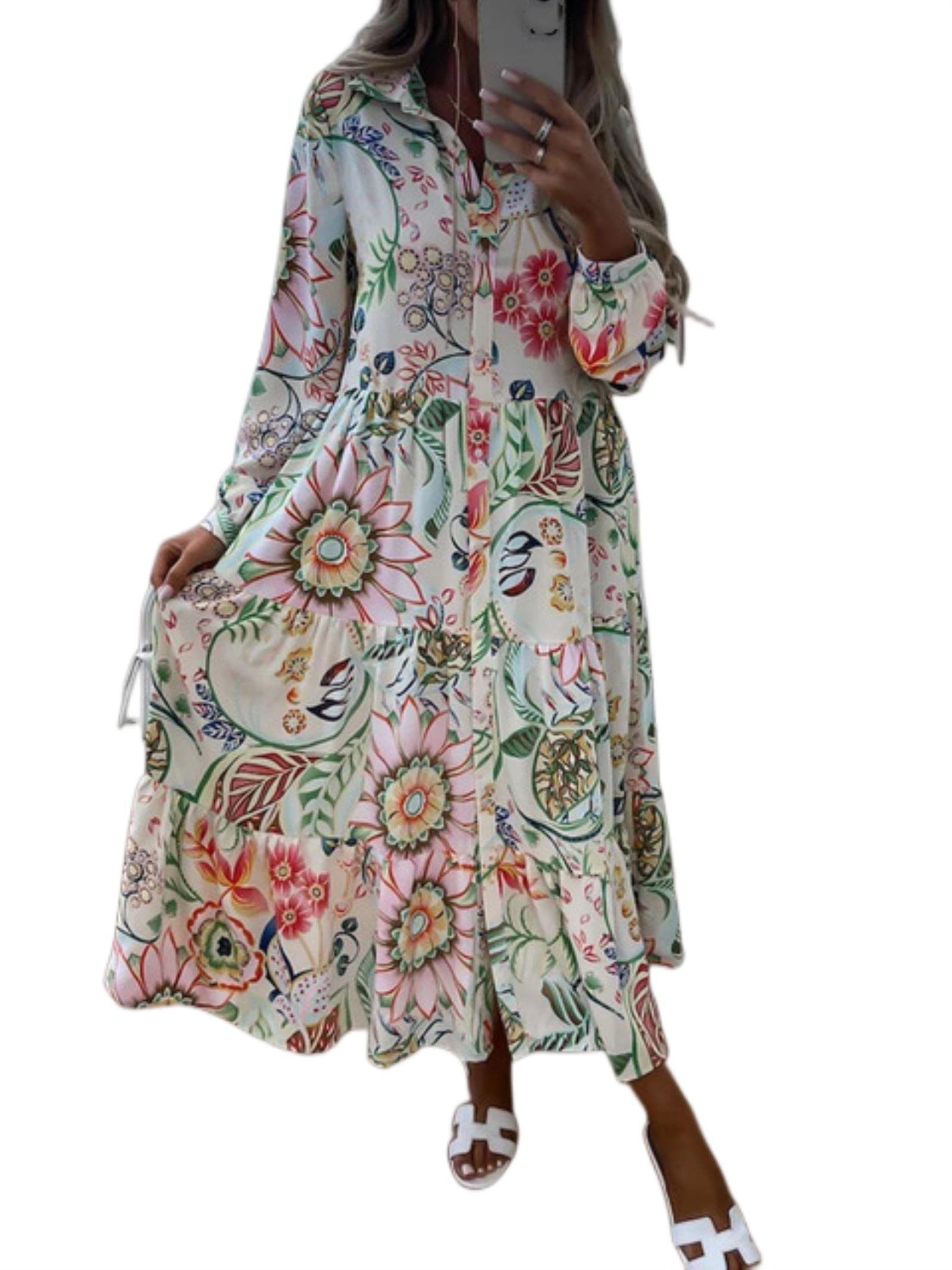 SUYGGCK Letnie sukienki dla kobiet moda wywijany kołnierz guziki długa sukienka eleganckie koszule z nadrukiem kwiatowym sukienka wiosna lato na co dzień luźna sukienka z długim rękawem - 01 biała, XL