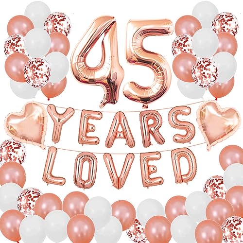 Kit temático de oro rosa para 45 años para cumpleaños 45 o aniversario, suministros de decoración de fiesta de látex de oro rosa, globos de confeti