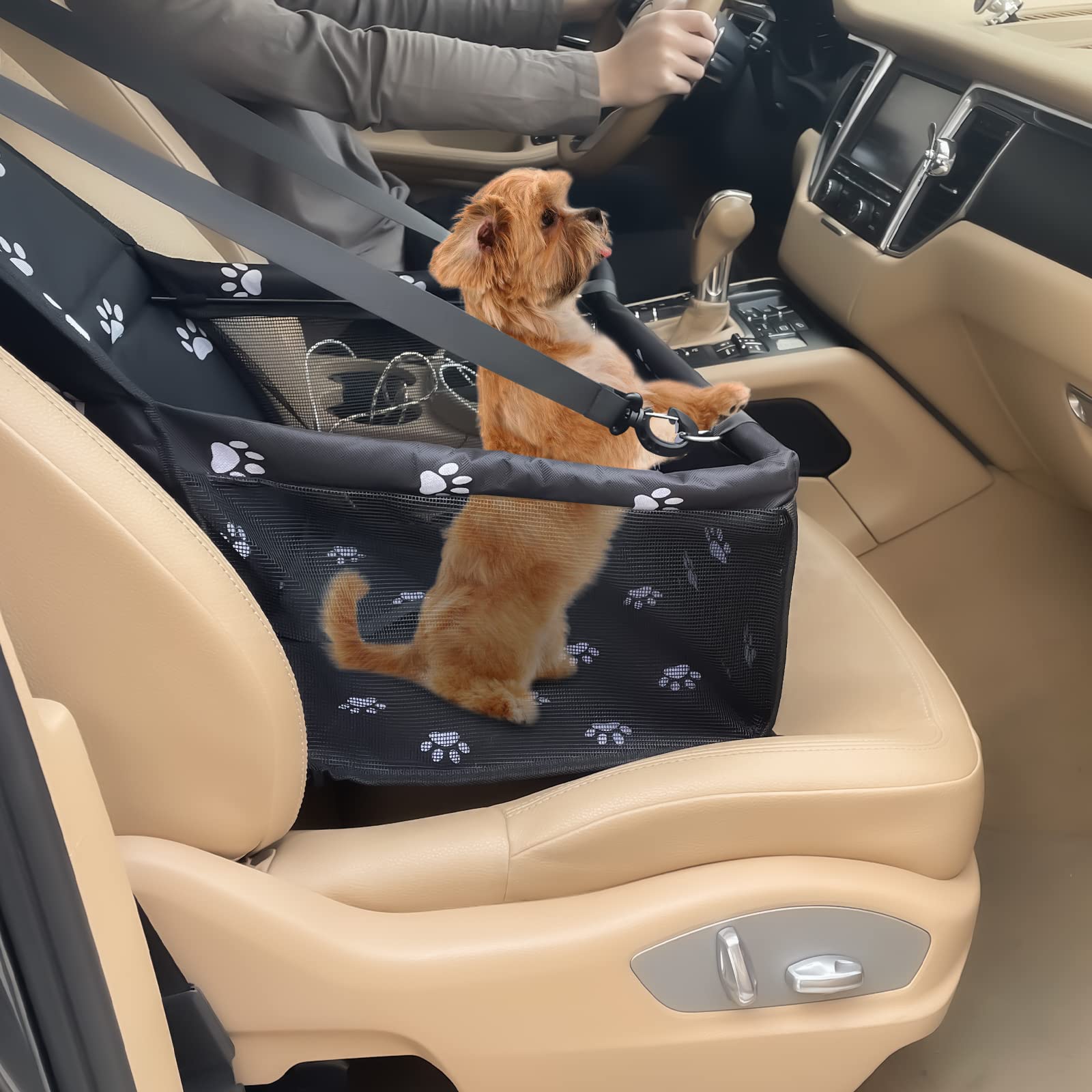 Gvolatee Seggiolino Auto per Cane, Seggiolino Auto per Cani con Cintura di Sicurezza Trasportino per Cani Pieghevolem con Tubo di Supporto 40×34×25cm