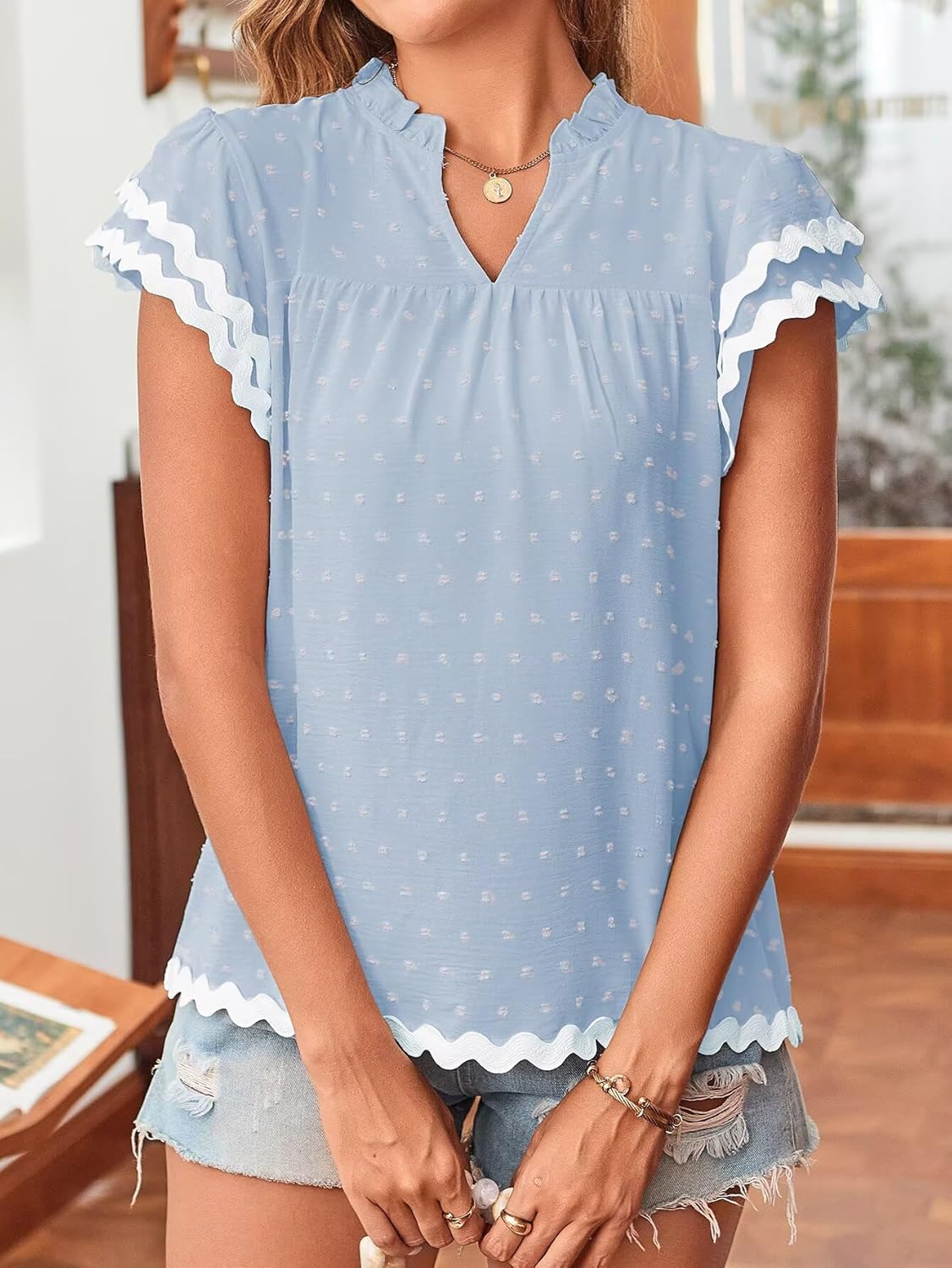 Womens Tops Summer Short Ruffle Sleeve V Neck Blouses Cute Boho Swiss Dot Lace Shirts Casual Flowy RIC Rac Trims Tee - Image 5