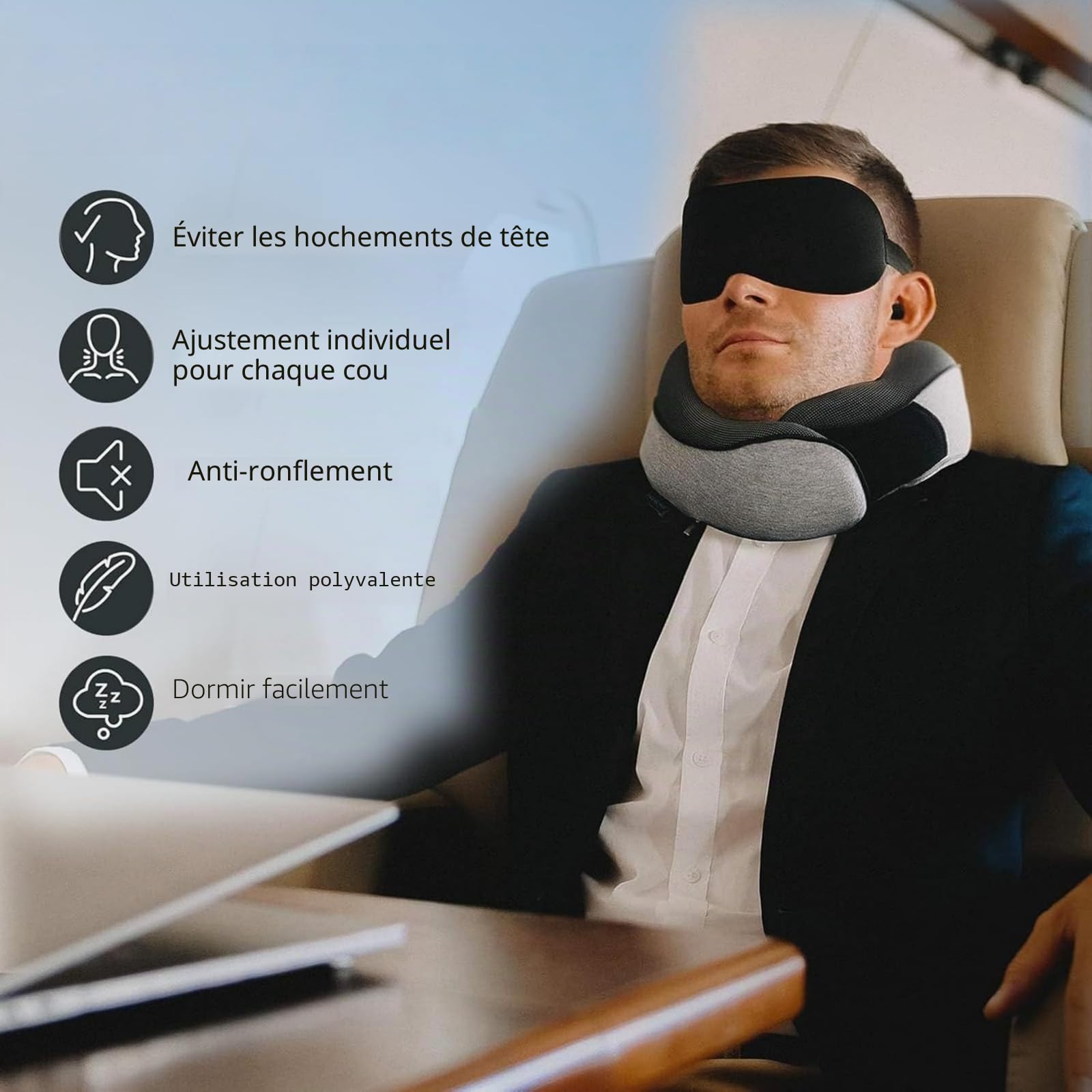 Nomadike Nomarest Oreiller de Voyage-Nappy Coussin de Voyage à 360° - avec Masque pour Les Yeux 3D et Bouchons d'oreilles - Ergonomique et Compressible - Gris 2