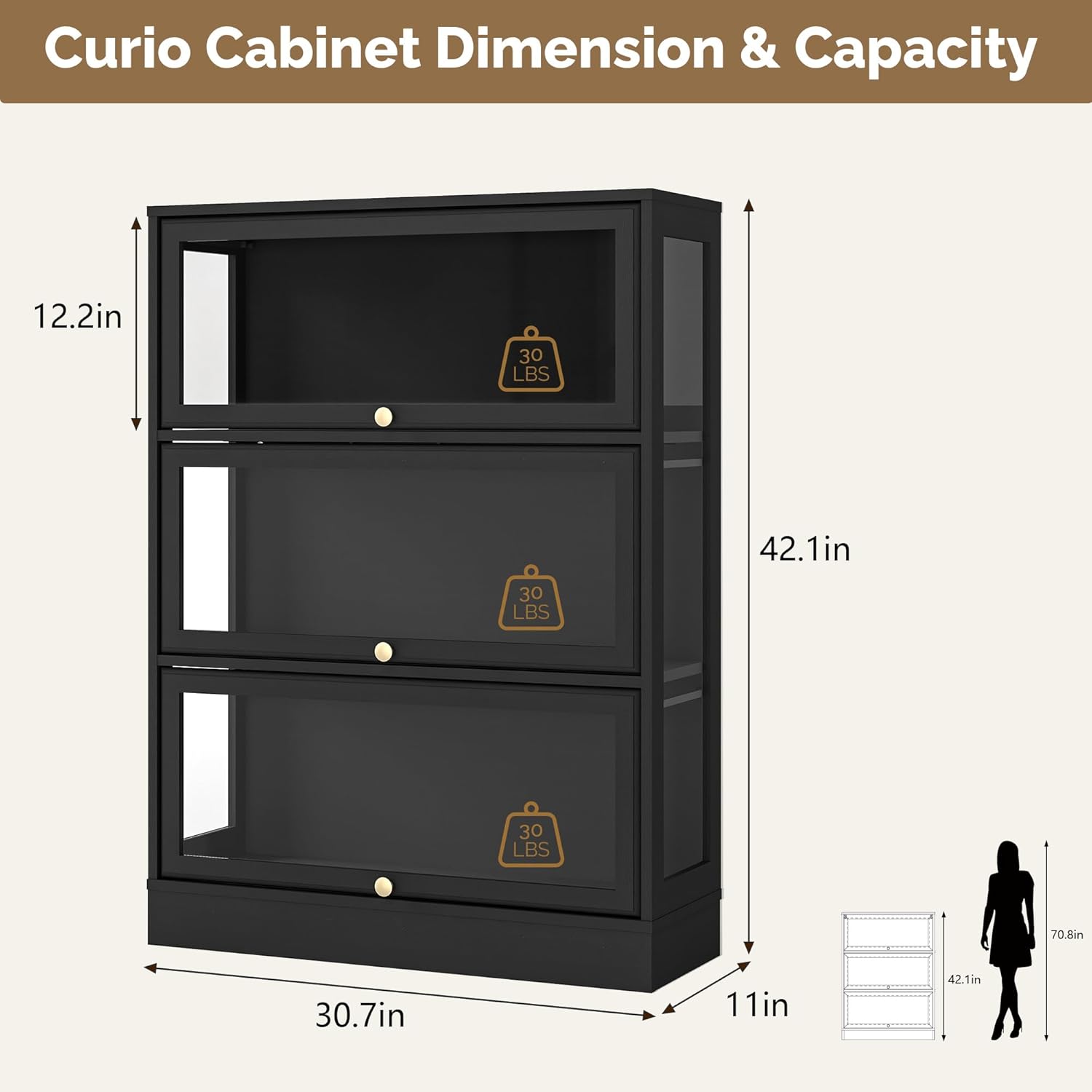 Display Cabinet with Acrylic Glass Doors,3-Tiers Curio Cabinet with LED Lighting for Collectibles, Collectibles Toy Organizers Rack & Display Shelf Display Case Storage Cabinet, Black