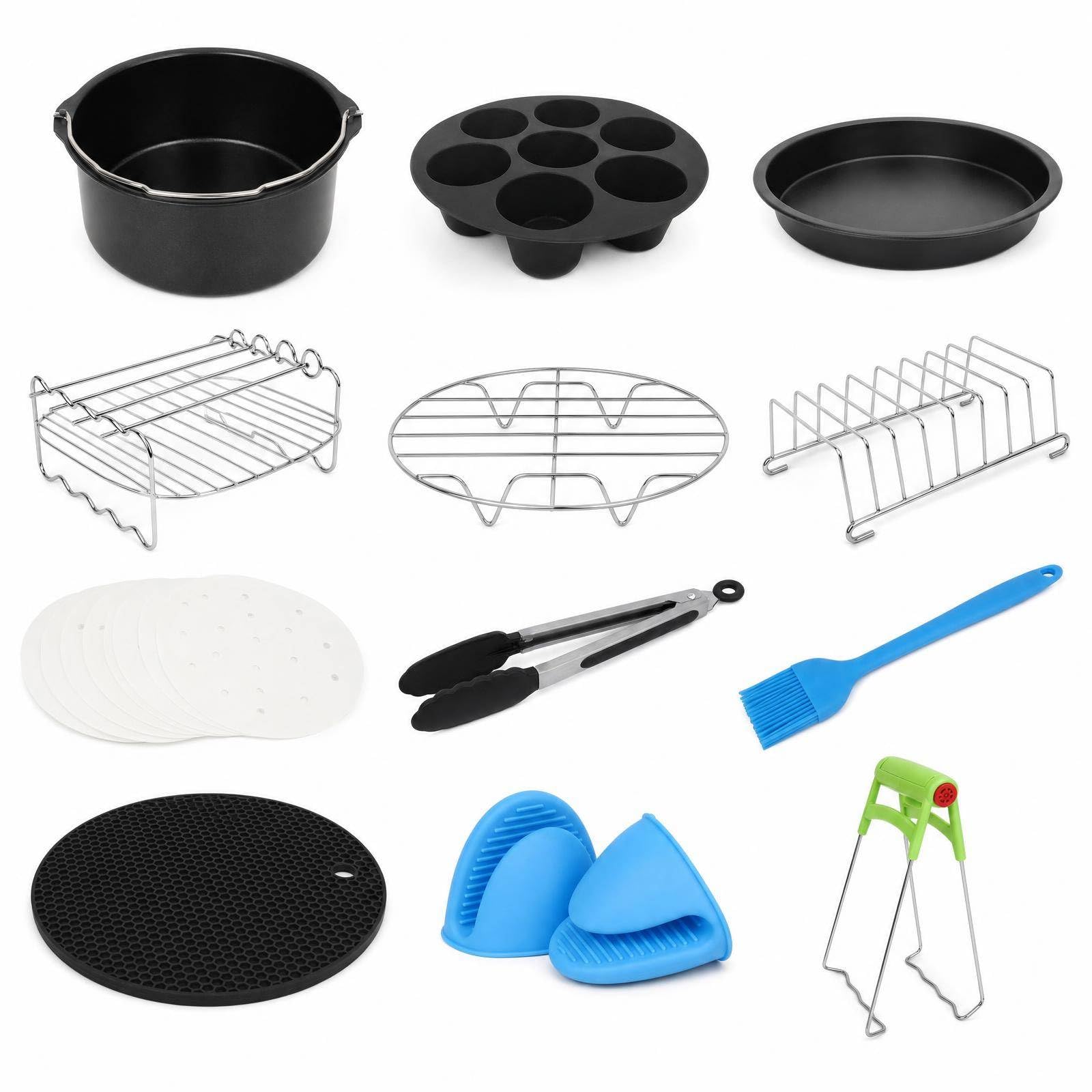Airfryer Akcesoria 12 sztuk do frytkownicy na gorące powietrze 5,0-5,5 l, zestaw akcesoriów 20 cm z koszem do pieczenia, patelnią do pizzy, grillem ze stali nierdzewnej, uchwyt na