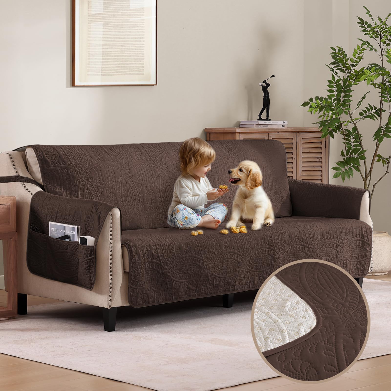 Soft Couch Cover with Pockets for Extra-Large Sofa, Medallion Quilted Design Couch Covers for 3 Cushion Sofa, Oversized Sofa Covers Washable Water-Repellent (X-Large Sofa 78", Chocolate)