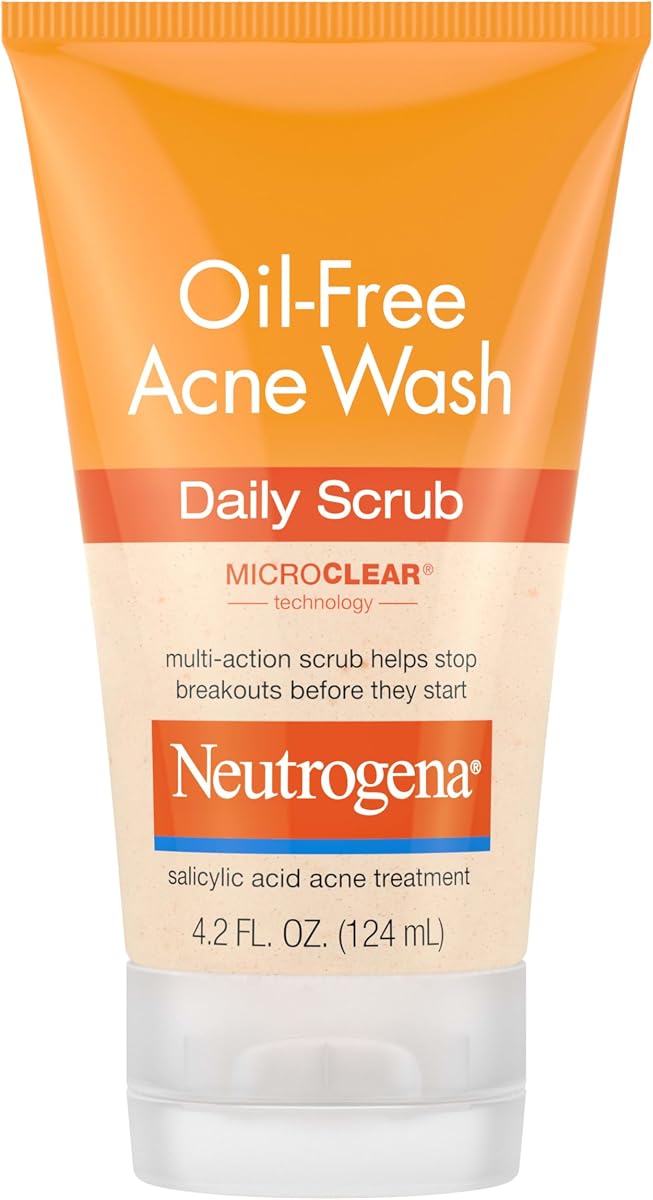 Exfoliante facial diario para acné sin aceite Neutrogena, 4.2 oz | Limpiador con ácido salicílico al 2%, exfoliante diario y tratamiento para el acné, piel grasa propensa al acné, elimina brotes y puntos negros