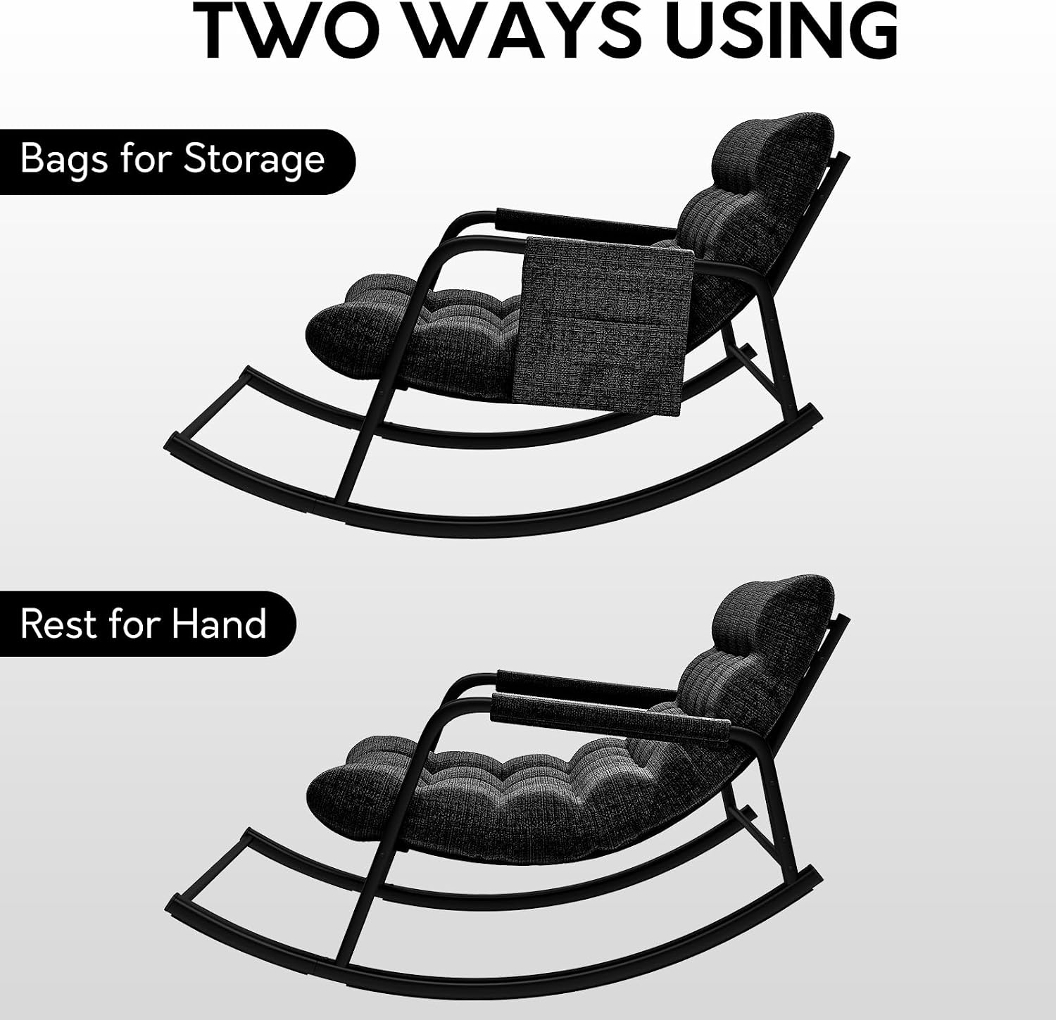 Rocking Papasan Chair, Indoor Outdoor Patio Rocking Chairs, Double Papasan Chair with Cushion, Oversized Modern Rocker Chairs for Living Room, Bedroom, Porch, Garden Black