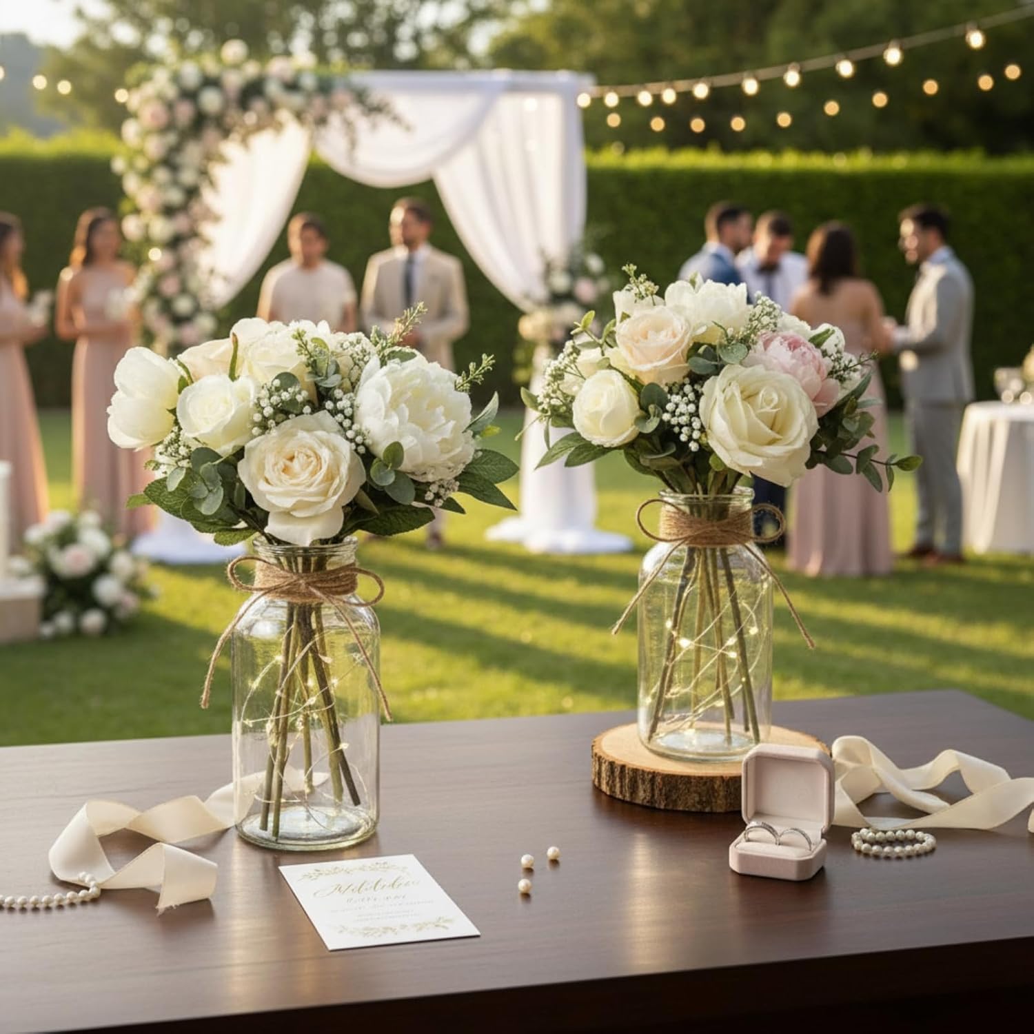 LemonRoad 6 Set Vintage Glass Flower Vase Mason Jar for Centerpieces with Fairy Lights Battery Operated Clear Vases for Weddings Parties Farmhouse Home Table Valentine's Decor Floral Arrangements