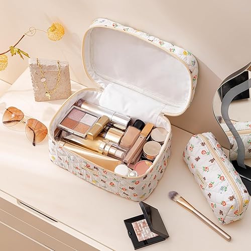 Miniatura 2 de HBselect Bolsa de maquillaje acolchada de algodón, 2 piezas, bolsa de maquillaje de coqueta, bolsa grande de viaje para cosméticos estética, linda