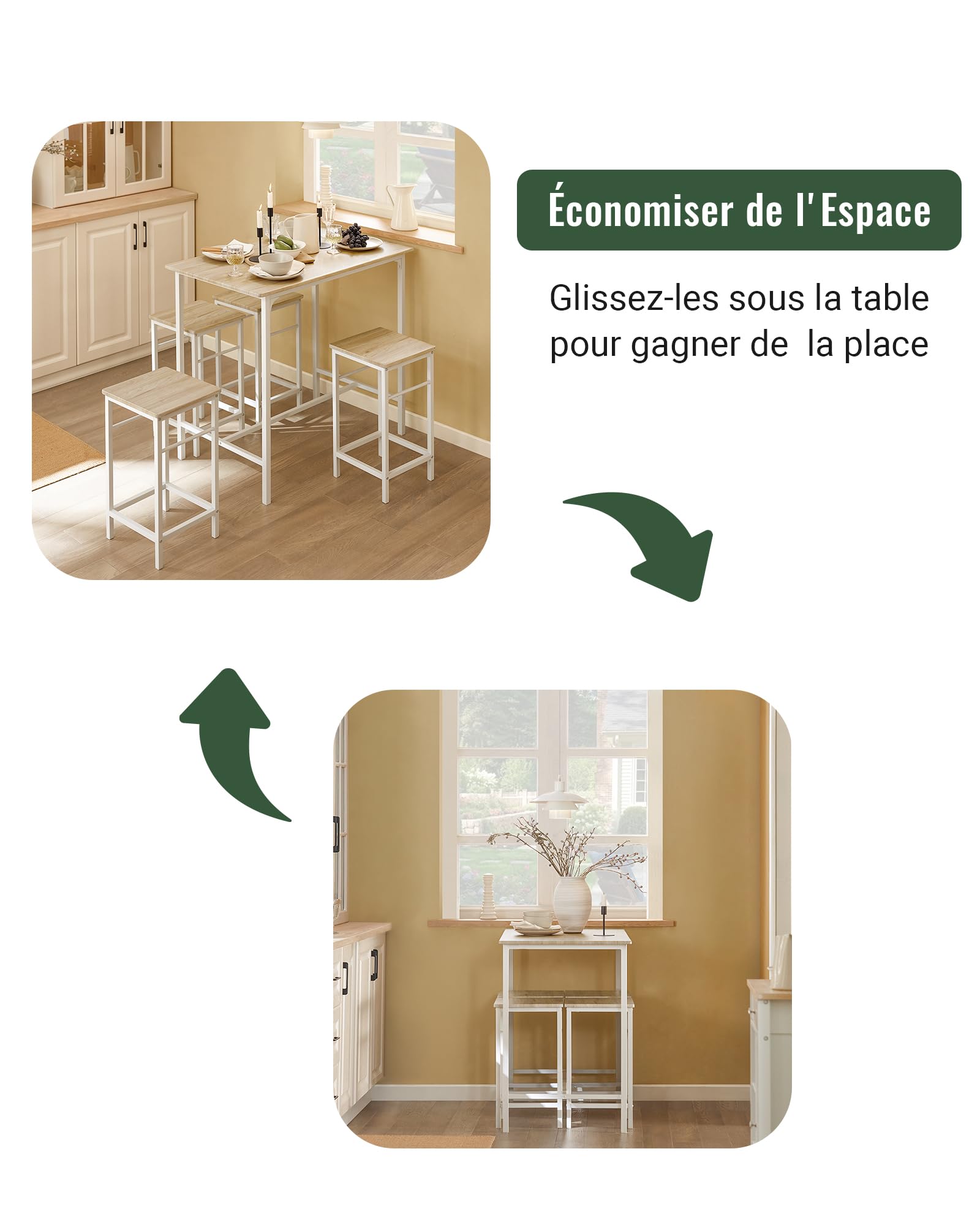 SoBuy Set de 1 Table + 4 Tabourets, Ensemble Table de Bar Bistrot + 4 Tabourets avec Repose-Pieds, Table Haute, Mange-Debout pour Salle à Manger, Cuisine, Salon, Balcon, Blanc+Naturel, OGT11-WN