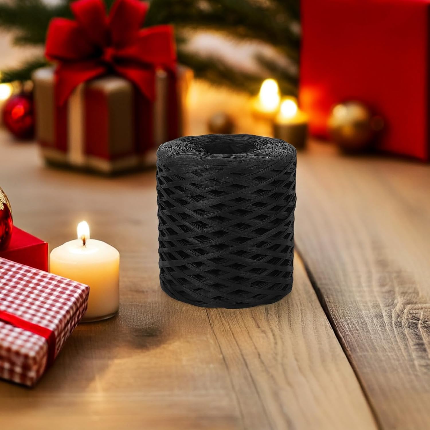 Natural Raffia Paper Ribbon String for DIY Crafts and Wrapping, Black Raffia Rope for Weaving Projects and Handicraft Decoration, 200 Meters Roll