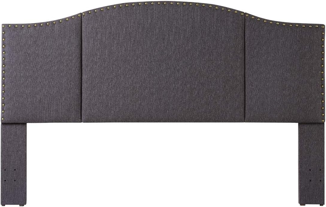 24KF Middle Century Dark Gray Upholstered Foldable Headboard with Antique Brass Nail Heads Trim King/California King headboard-60232-Dark Gray