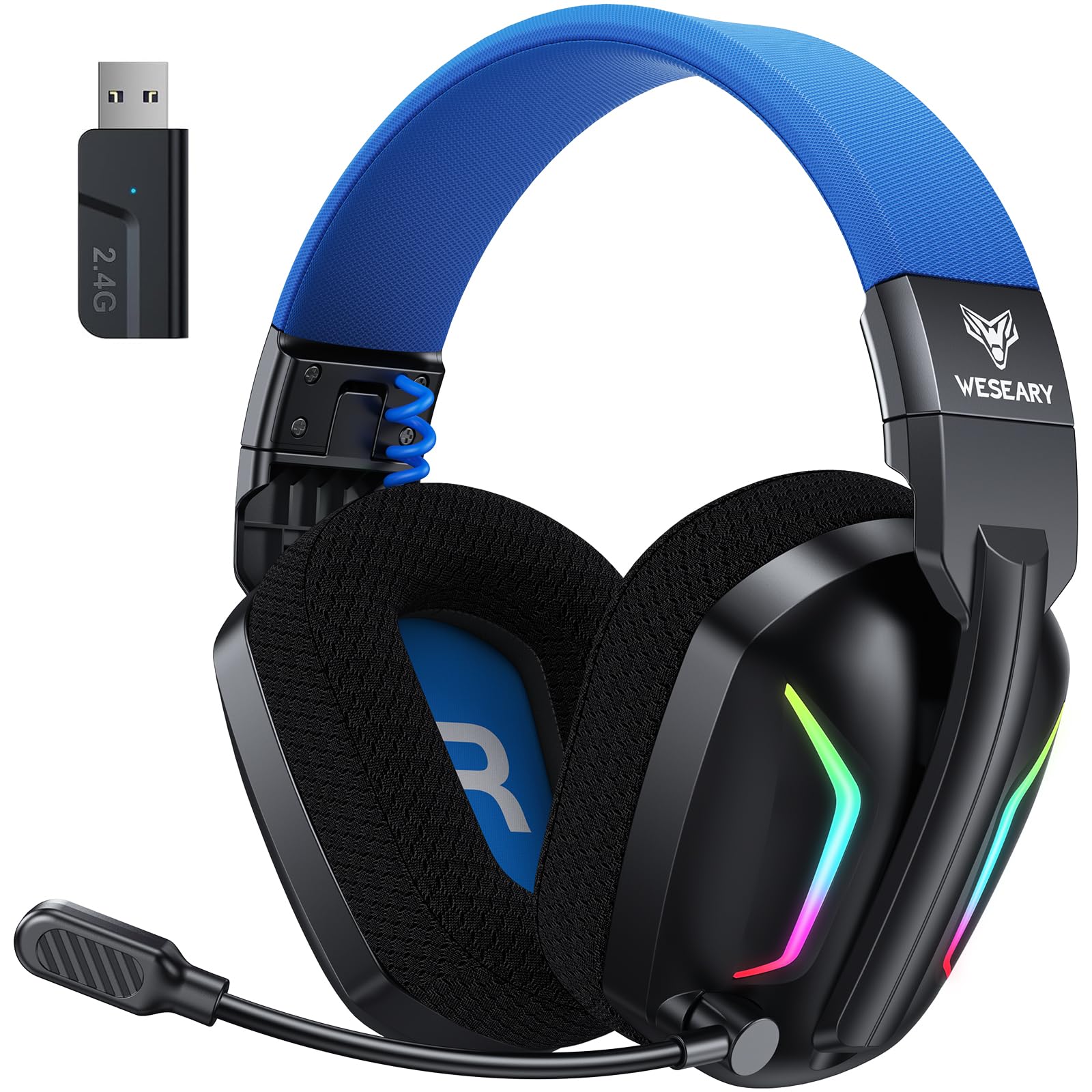 Słuchawki Bluetooth WESEARY WG1, bezprzewodowe słuchawki gamingowe 2.4G z mikrofonem do PS5, PS4, PC, Switch, Mac, składane słuchawki z redukcją szumów i diodą LED, ponad 50 godzin pracy na baterii
