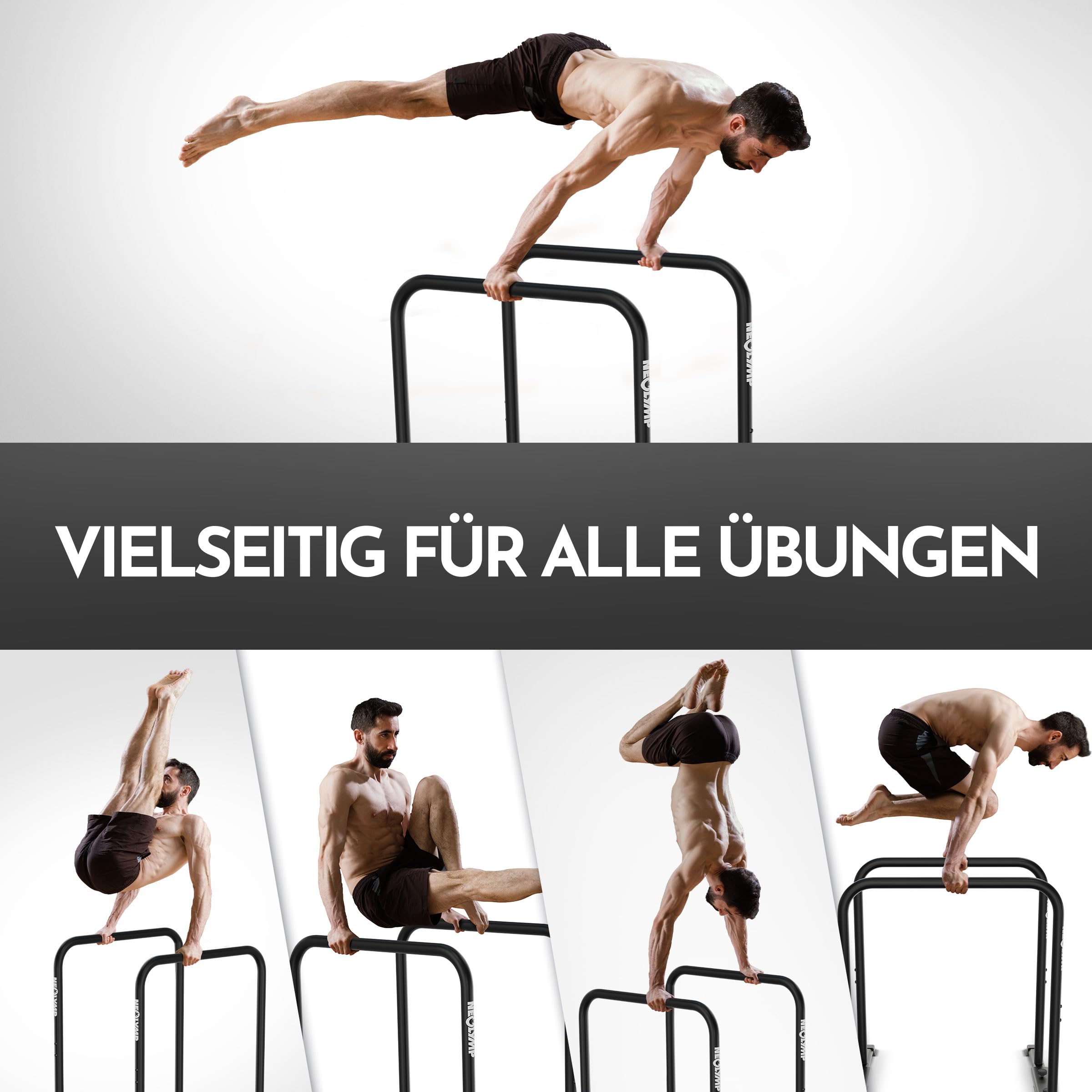 NEOLYMP Dip Barren Calisthenics Equipment – 400 kg belastbare Dip Station mit E-Book - verstellbare Breite – 90 cm Höhe mit rutschfesten Füßen – rostfreie Dip Stange Fitnessgeräte für Zuhause