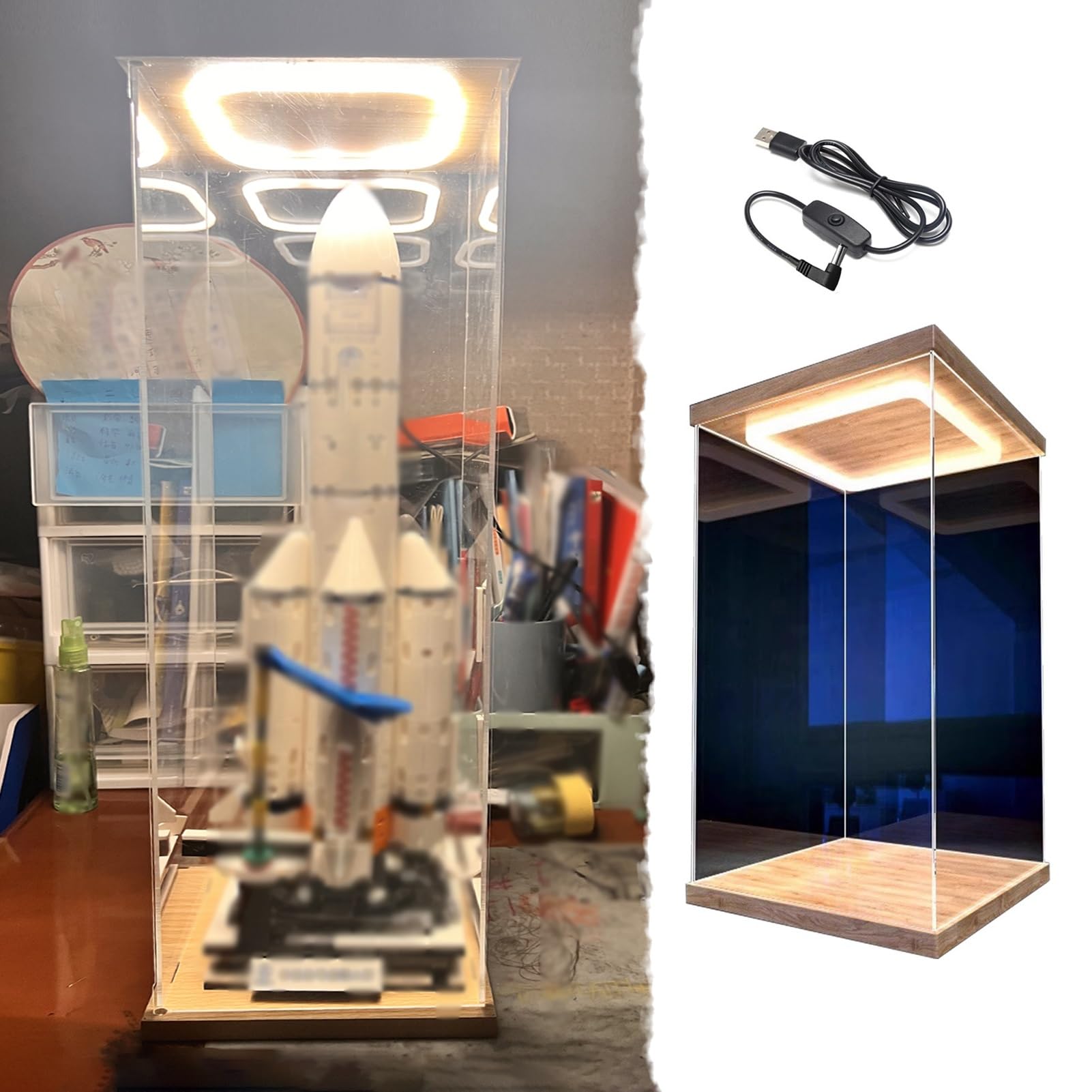 Vitrina de Acrílico Vitrina Extragrande para Maquetas de Aviones Y Coches con Iluminación LED, Cajas Expositoras de Acrílico Transparente A Prueba de Polvo con Luz Y Puerta(25x20x25cm/10x8x10in)