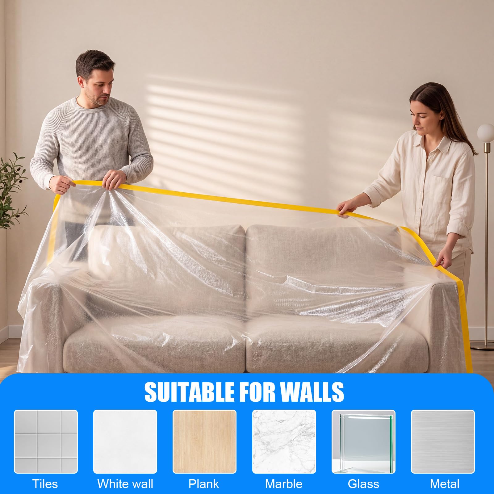 Seajan 9 rollos de plástico para pintores con cinta, película de enmascarar precintada para pintar pintura automotriz, película protectora, rollo de cinta adhesiva de plástico para cubrir pintura