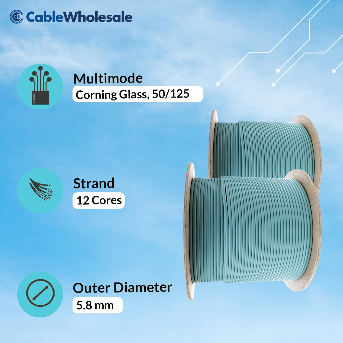 CableWholesale 1000ft Aqua 12-Strand Fiber Optic Cable OM4 Indoor Distribution Multimode 50/125, Corning ClearCurve, 10 Gbit/s, Riser Rated, PVC Jacket