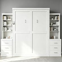 Full Murphy Bed with Storage Shelves and Drawers, Solid Wood Foldable Hidden Vertical Murphy Wall Bed with Storage Bookcase for Adults, Library,Guest Room,Bedroom,Office,Space-Saving Full,White