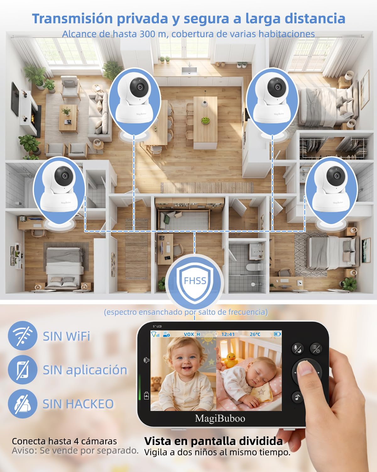 Vigilabebés con cámara sin wifi, monitor de bebé con visión nocturna por infrarrojos, con cámara, batería de 5200 mAh, batería de 5 pulgadas, 720p, pantalla IPS, vídeo vigilabebés de 2 vías, audio de