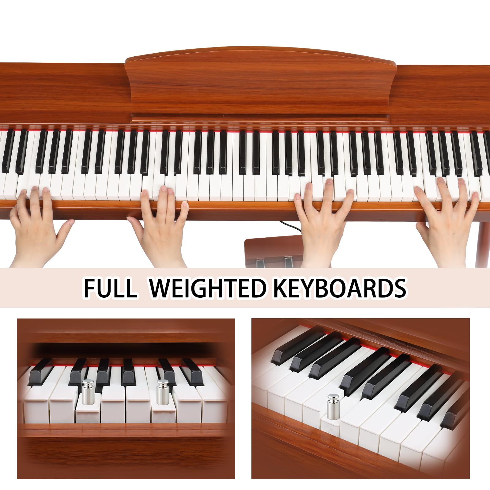 LALAHO Piano électrique 88 touches lesté, piano numérique pour débutants, clavier avec unité à 3 pédales, support à quatre pieds, double Bluetooth, haut-parleurs stéréo, rouge marron