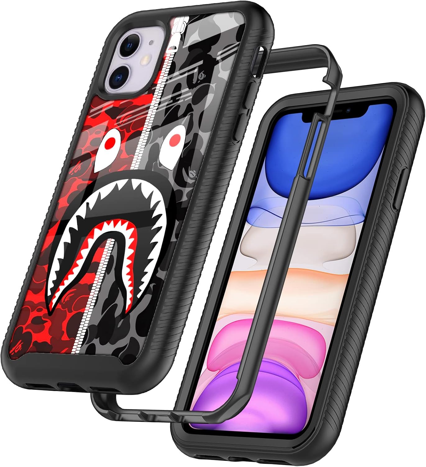 Street Fashion Cool Camo Red Gray Zipper Shark Design Compatible with iPhone 11 Case for Boys Man Luxury Shockproof Rugged Cover Dual Layer Soft TPU + Hard PC Bumper Full-Body Protective Case