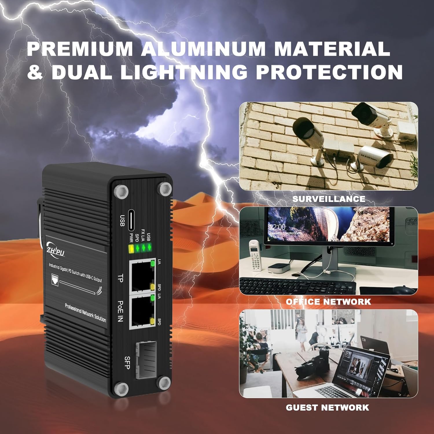 Gigabit 2-Port PD Switch with Type-C Output (Up to 60W 3A Max), IEEE802.3at/bt PoE to USB3.0 5V/9V/12V/15V/20V Output, Industrial ethernet Switch with 100/1000M SFP for Laptop/Phone/IP Cameras