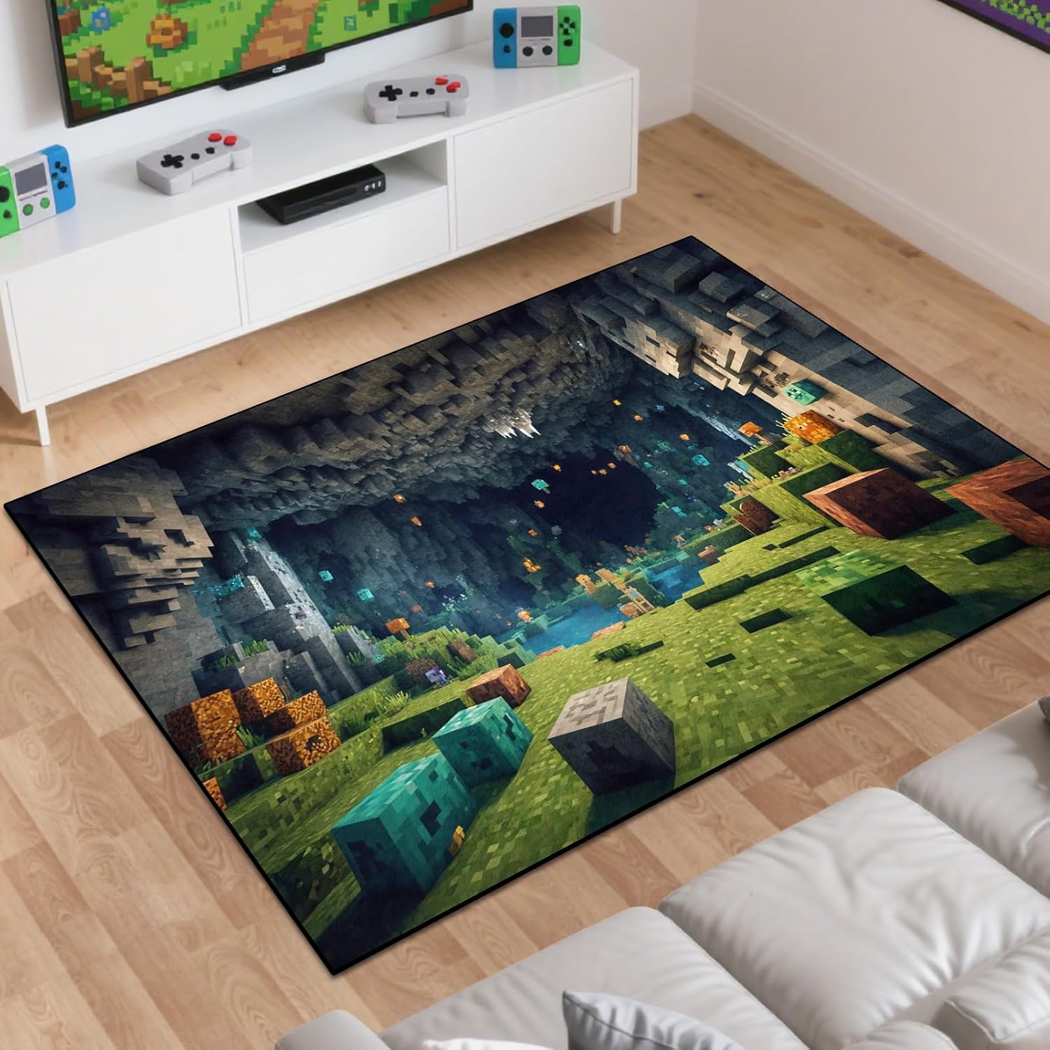 Block Game Rug Teen Kids Carpet, Pixel Games Scene Decoration Mat, Washable Game Rugs for Boy’s Bedroom Living Room Playroom, Non-Slip Children Gaming Area Rugs (Green Grass Karst Cave, 60" x 40")
